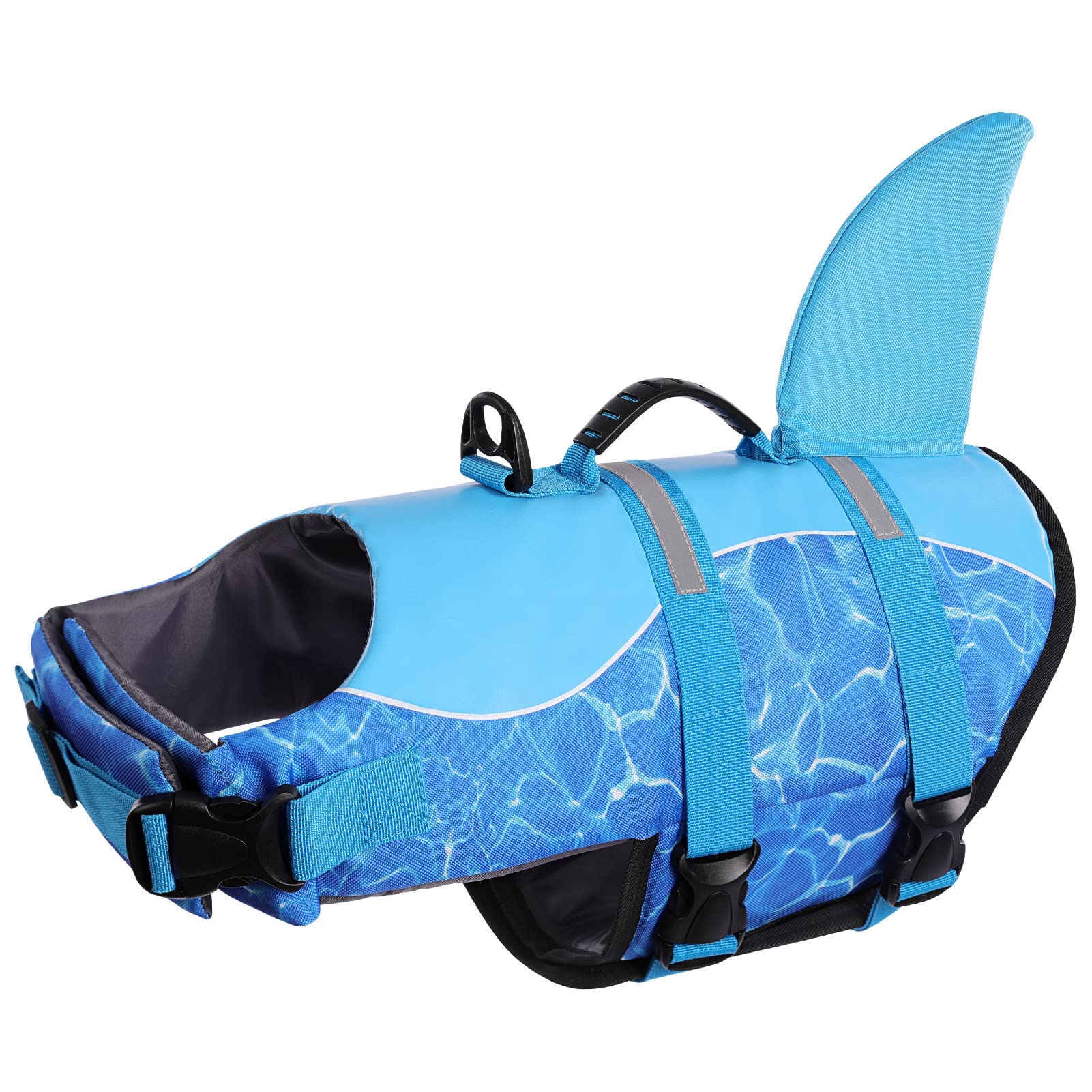 Queenmore Shark Dog Life Jacket - High Buoyant Swimming Vest, Adjustable Easy-On For Small, Medium, Large Dogs (Blue, M)