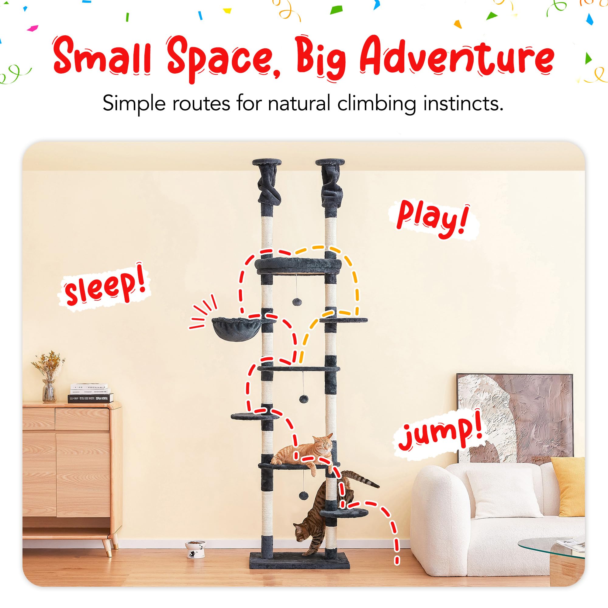 Furcato Cat Tree, Floor To Ceiling Cat Tower Adjustable Height [92-102 Inches=234-258Cm], 7 Tiers Cat Climbing Tree With Hammock