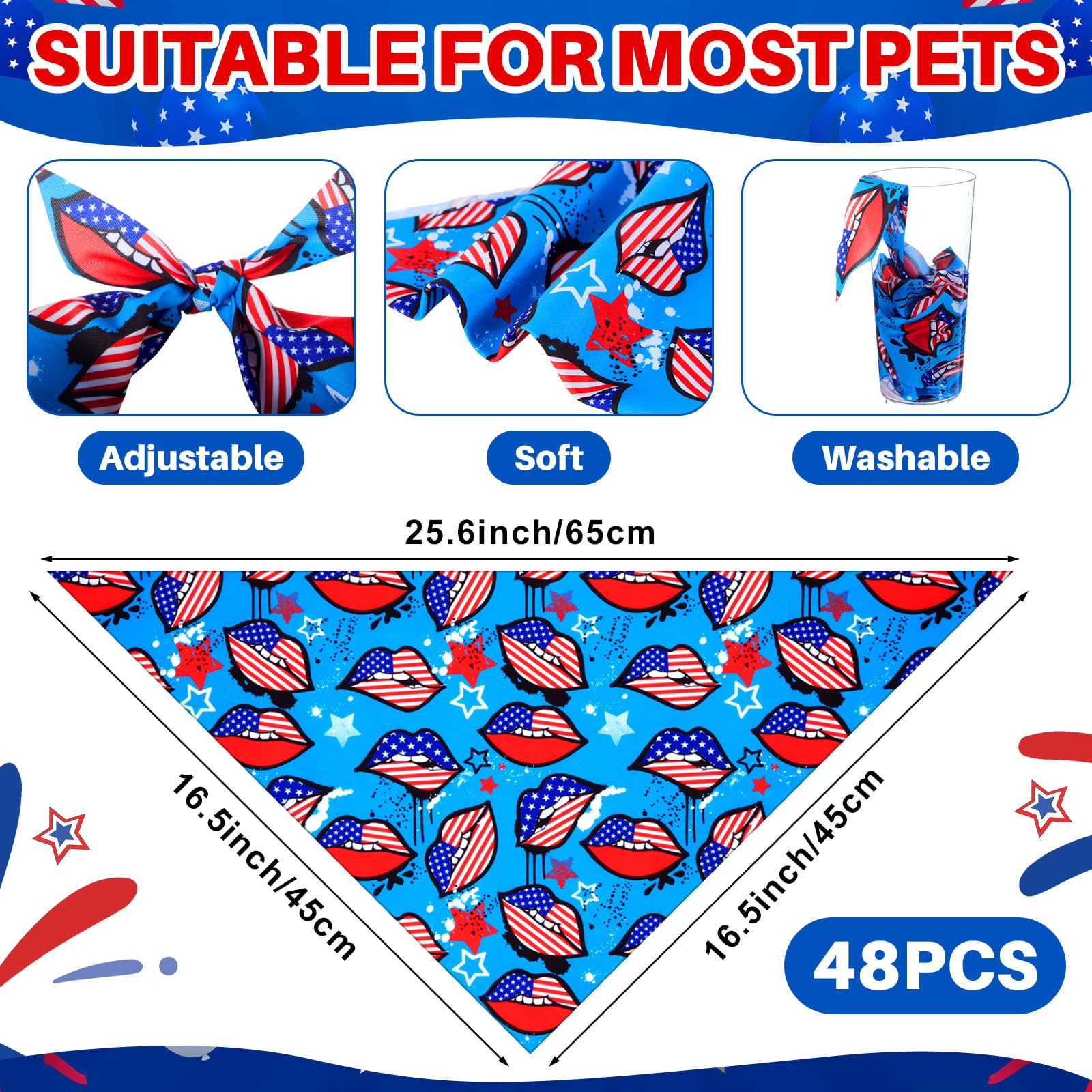 Chicingyou 48 Pcs 4th of July Dog Bandanas Bulk Patriotic Bandana to Dog Independence Day Puppy Triangle Scarf Bibs Adjustable W