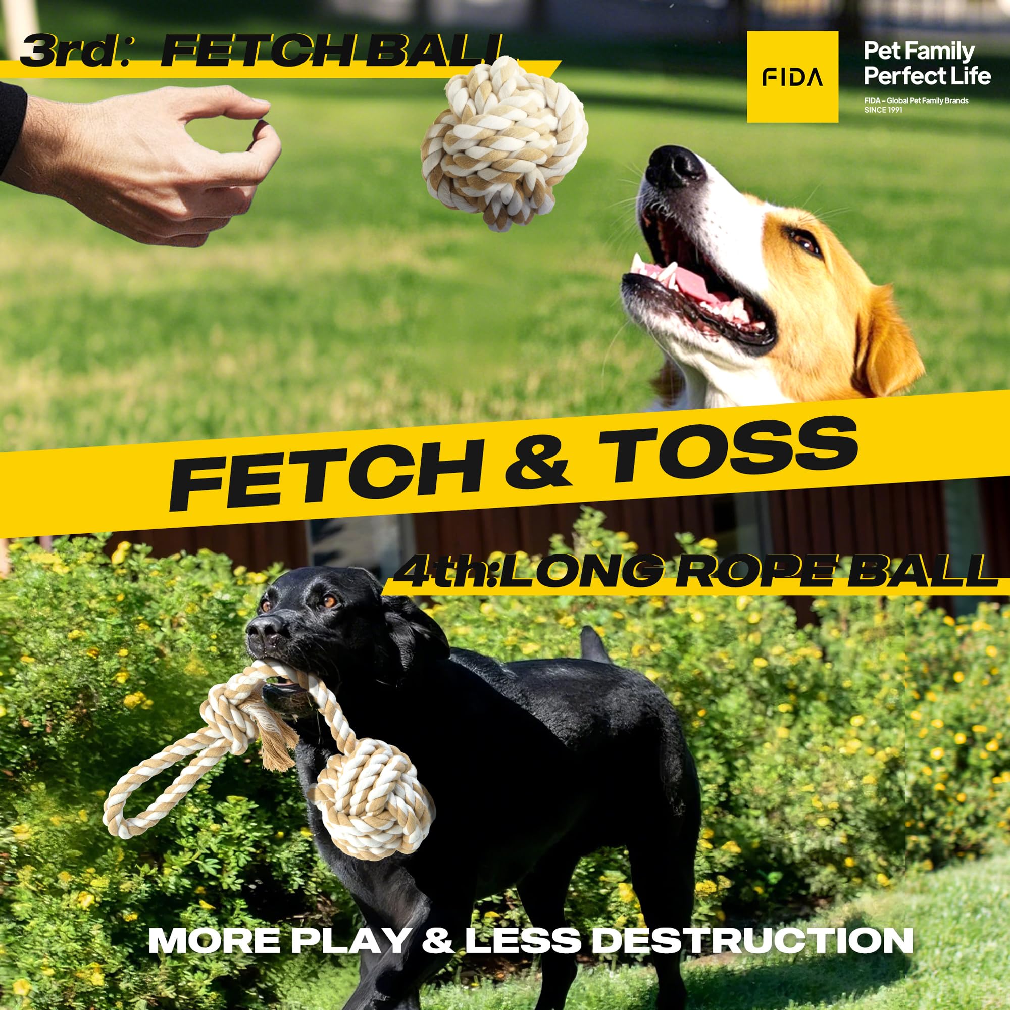 Fida Heavy Duty Dog Rope Toys For Aggressive Chewers 4Pcs Pack - Natural Cotton Dog Chew Toys For Large Dogs, Tug-Of-War & Fetch