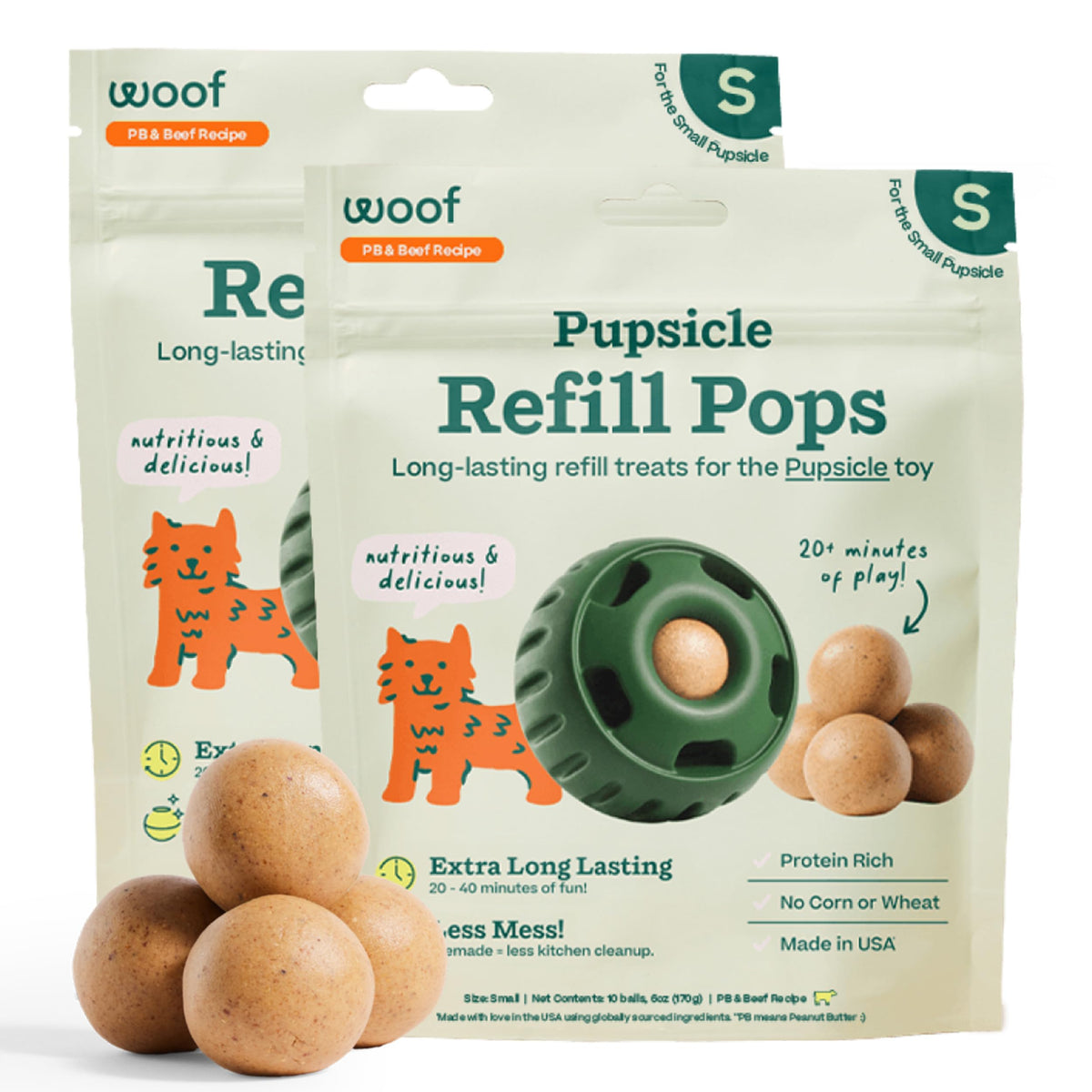 Woof Pupsicle Refill Pops - Low-Mess Dog Snacks - With Peanut Butter And Beef - Dog Treats - Long Lasting - Small Pops - 10 Count - 2 Pack