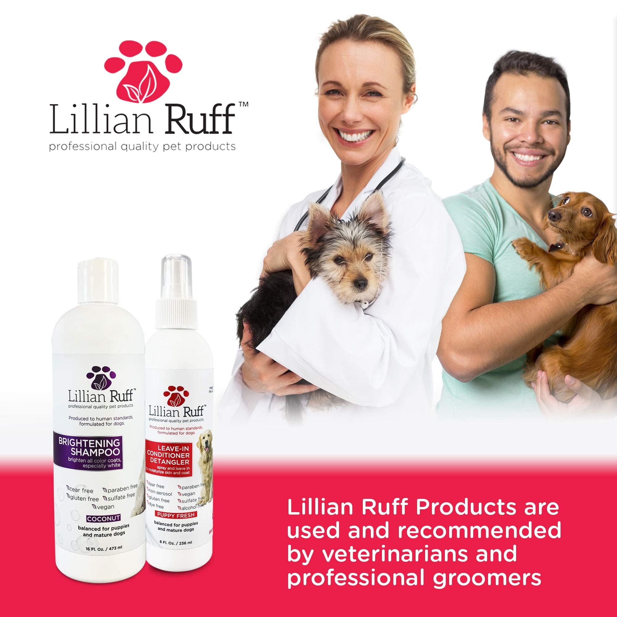 Lillian Ruff Ultra-Brightening Professional Dog Whitening Shampoo & Leave-In Dog Conditioner Detangler Spray Set - Ph-Balanced,