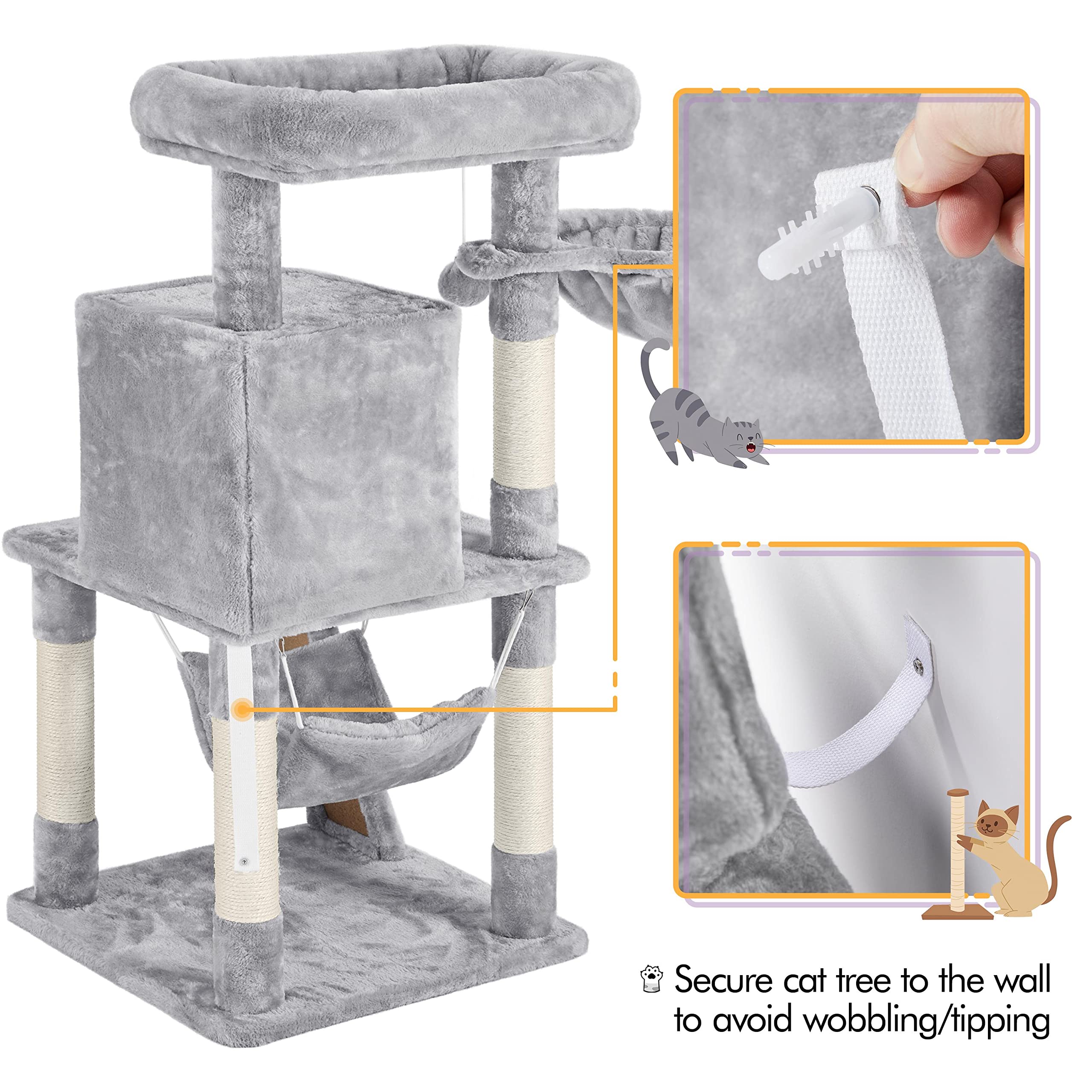Yaheetech Cat Tree Cat Tower, 40-Inch Cat Condo With Oversized Soft Platform, Scratching Board, Basket And Hammock, Cat Furniture For Kittens Cats Pets, Light Gray