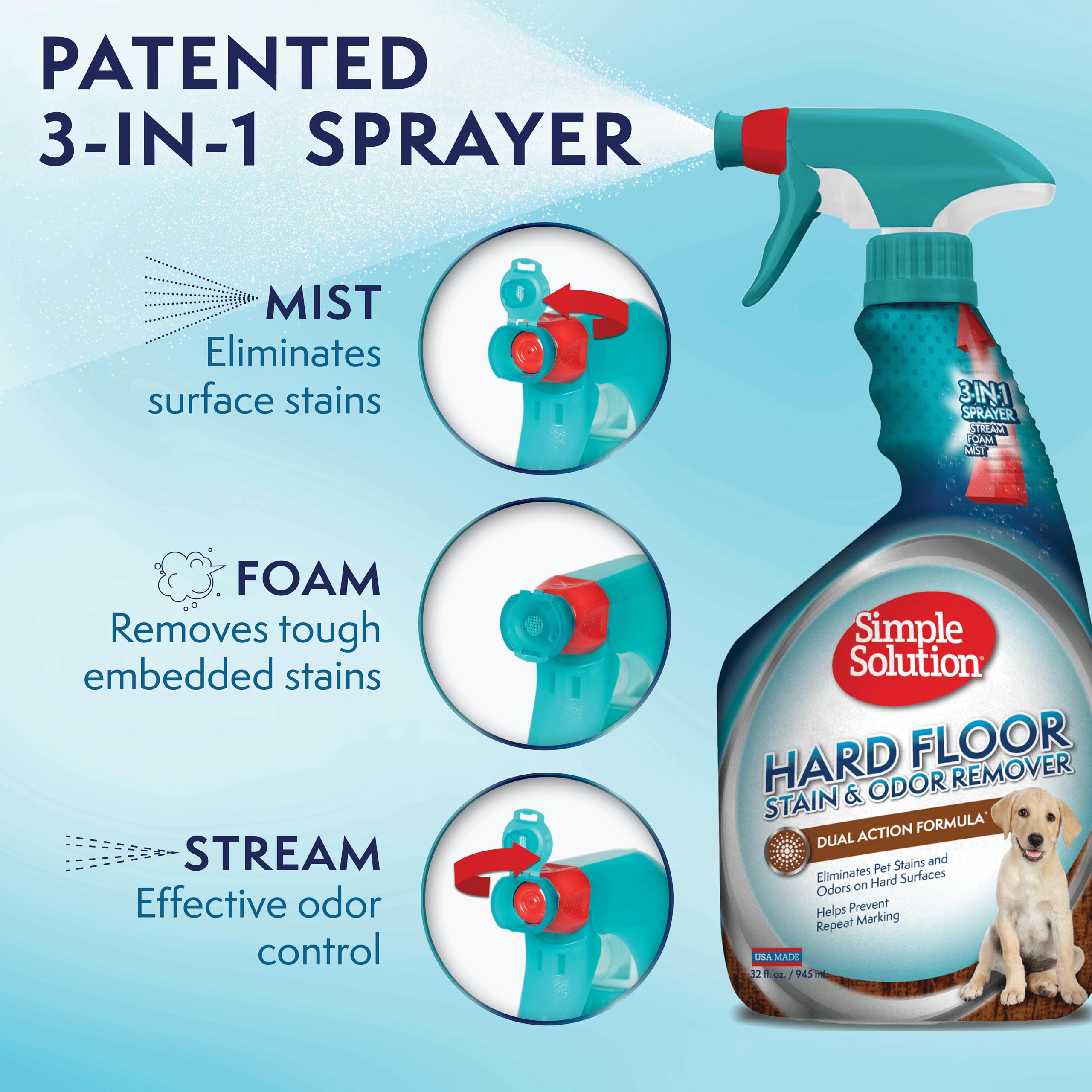 Simple Solution Hard Floor Extreme Pet Stain And Odor Eliminator Spray, Dog And Cat Enzyme Cleaner, Pro-Bacteria Cleaning Power, Strong Urine, Pee And Poop Smell Remover For Hardwood Floors, 32 Oz