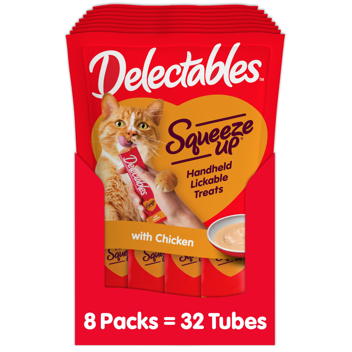 Delectables Squeeze Up Creamy Squeezable Puree, Lickable Wet Cat Treats, Grain Free, No Added Fillers, No By-Products, No Added Preservatives, 0.5 Ounces Tube Chicken Flavor, 32 Tubes Total