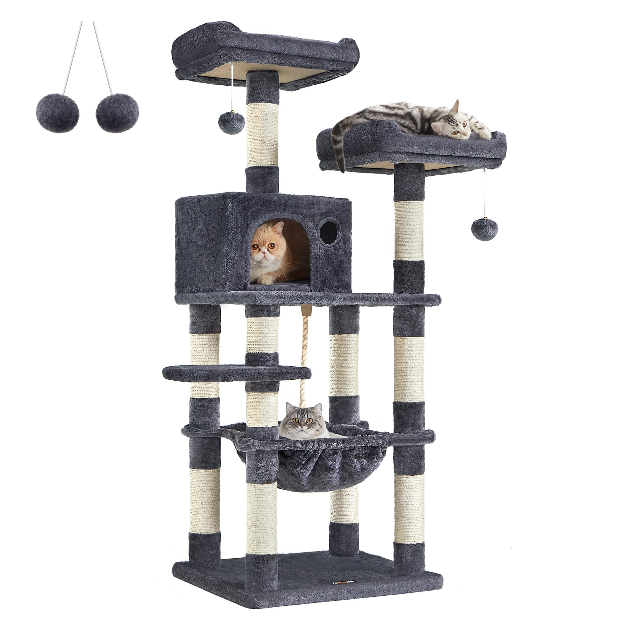 Feandrea Cat Tree, Cat Tower For Indoor Cats, 56.3-Inch Cat Condo With Scratching Posts, Hammock, Plush Perch, Smoky Gray Upct15