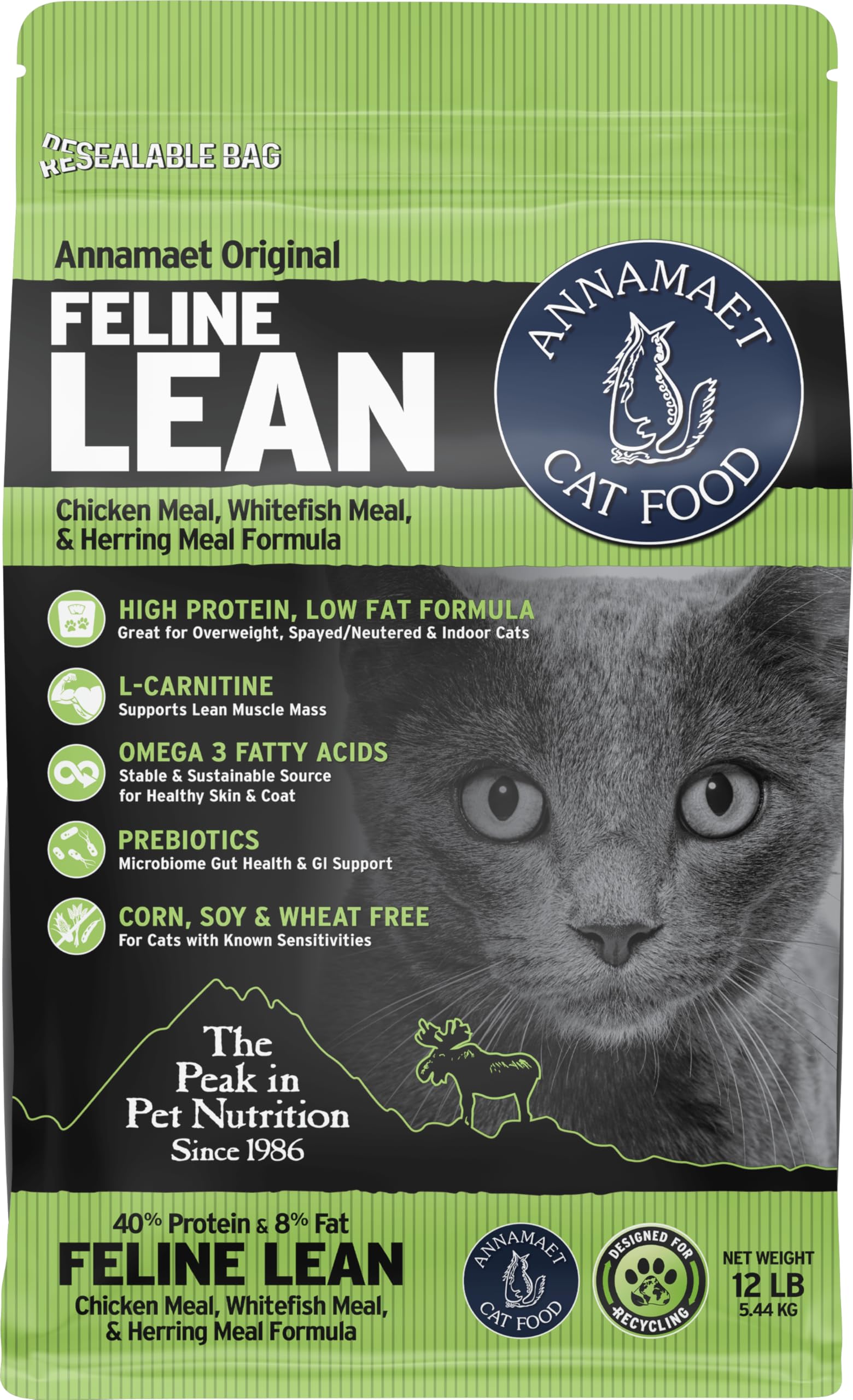 Annamaet Original Feline Lean Dry Cat Food, (Chicken, Whitefish & Herring), 12-lb Bag