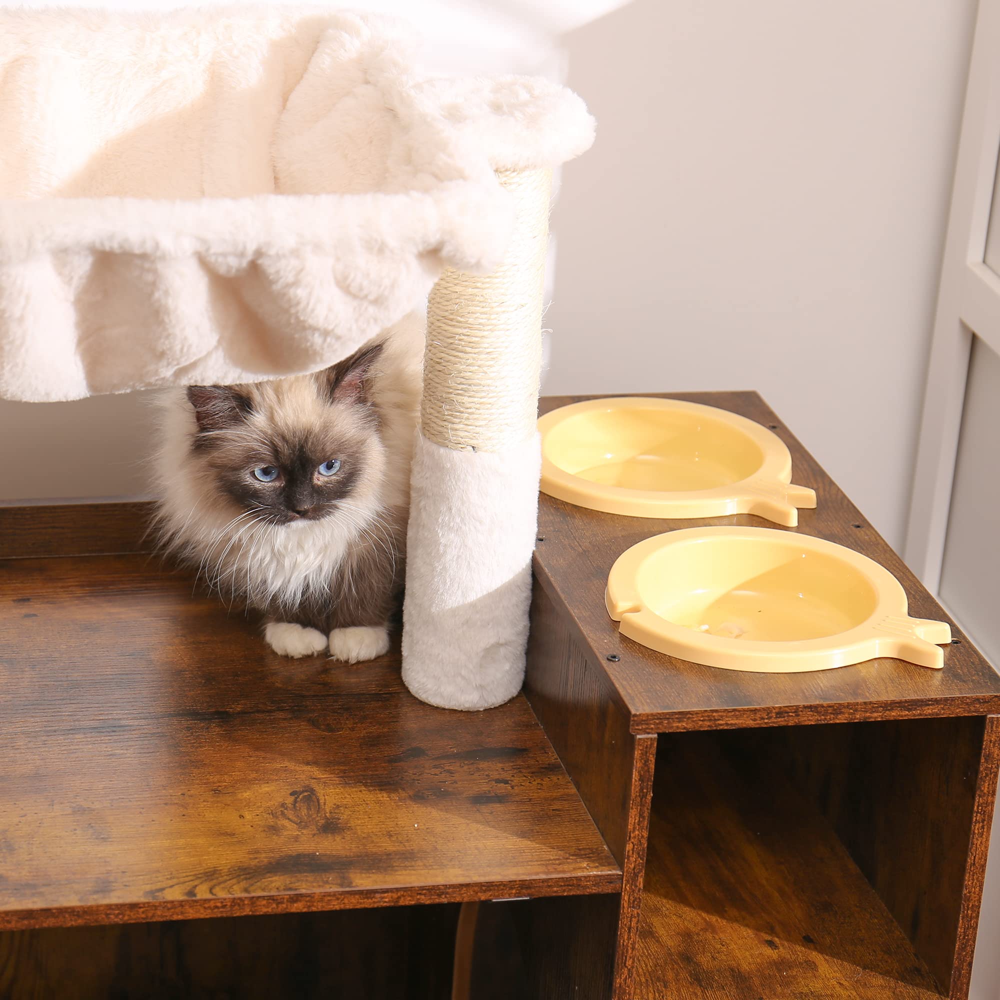 Hey-brother Cat Tree with XL Litter Box Enclosure, Rustic Brown, L (28.3"×17.7"×48"), Plush Fabric, Scratching Posts, Modern Design