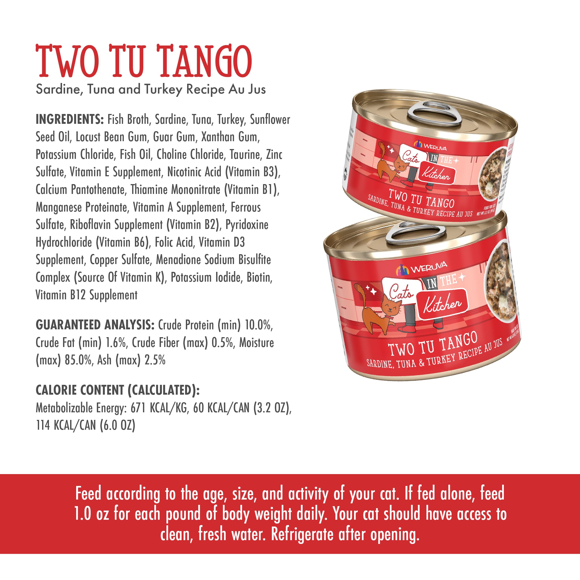 Weruva Cats in The Kitchen, Two Tu Tango with Sardine, Tuna & Turkey Au Jus Cat Food, 3.2oz Can (Pack of 24)