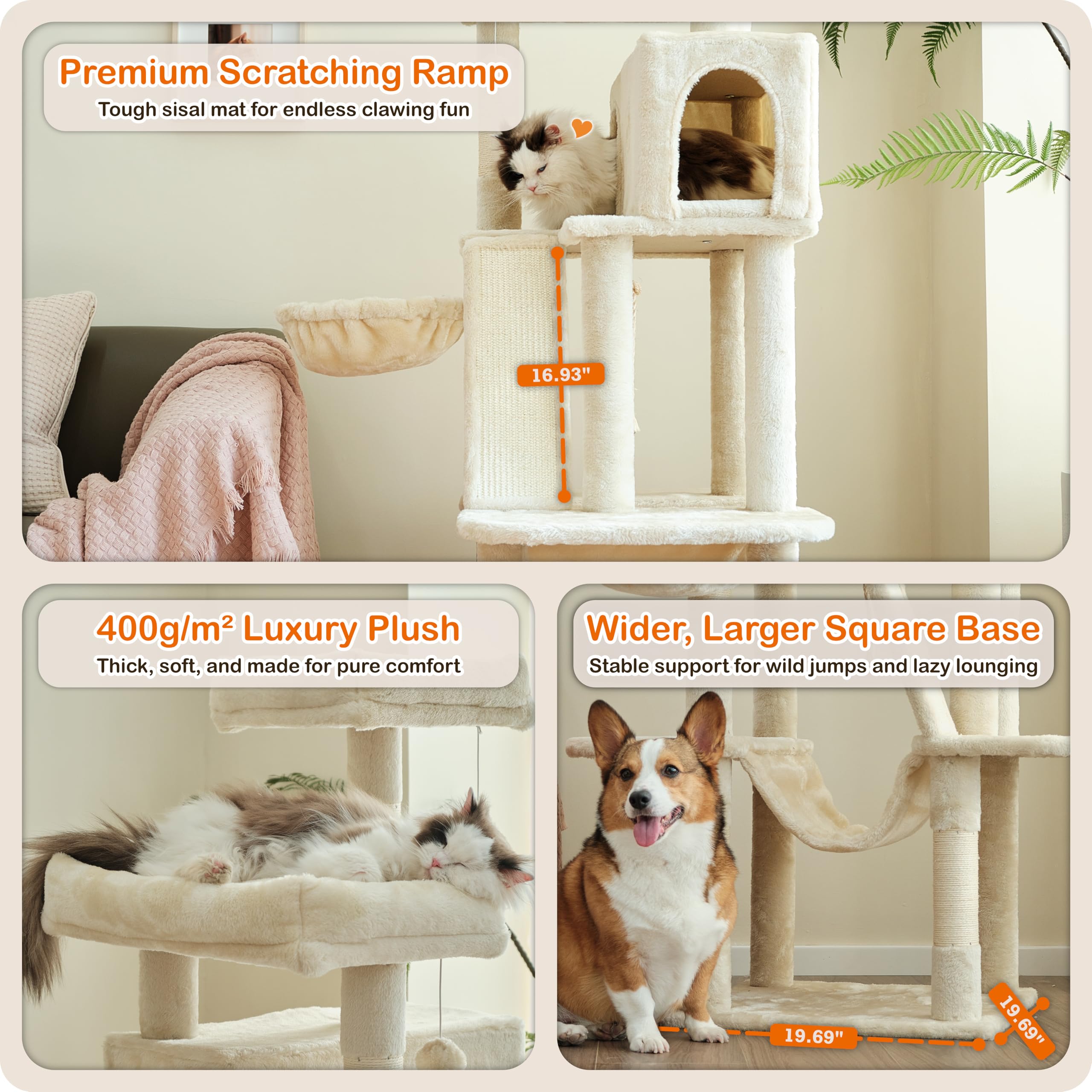 Ouritsu Cat Tree, 61 Inch Tall Cat Tower For Large Cat Indoor, Enlarged Condo, 2 Padded Perches With 1 Widened, Large Hammock, S