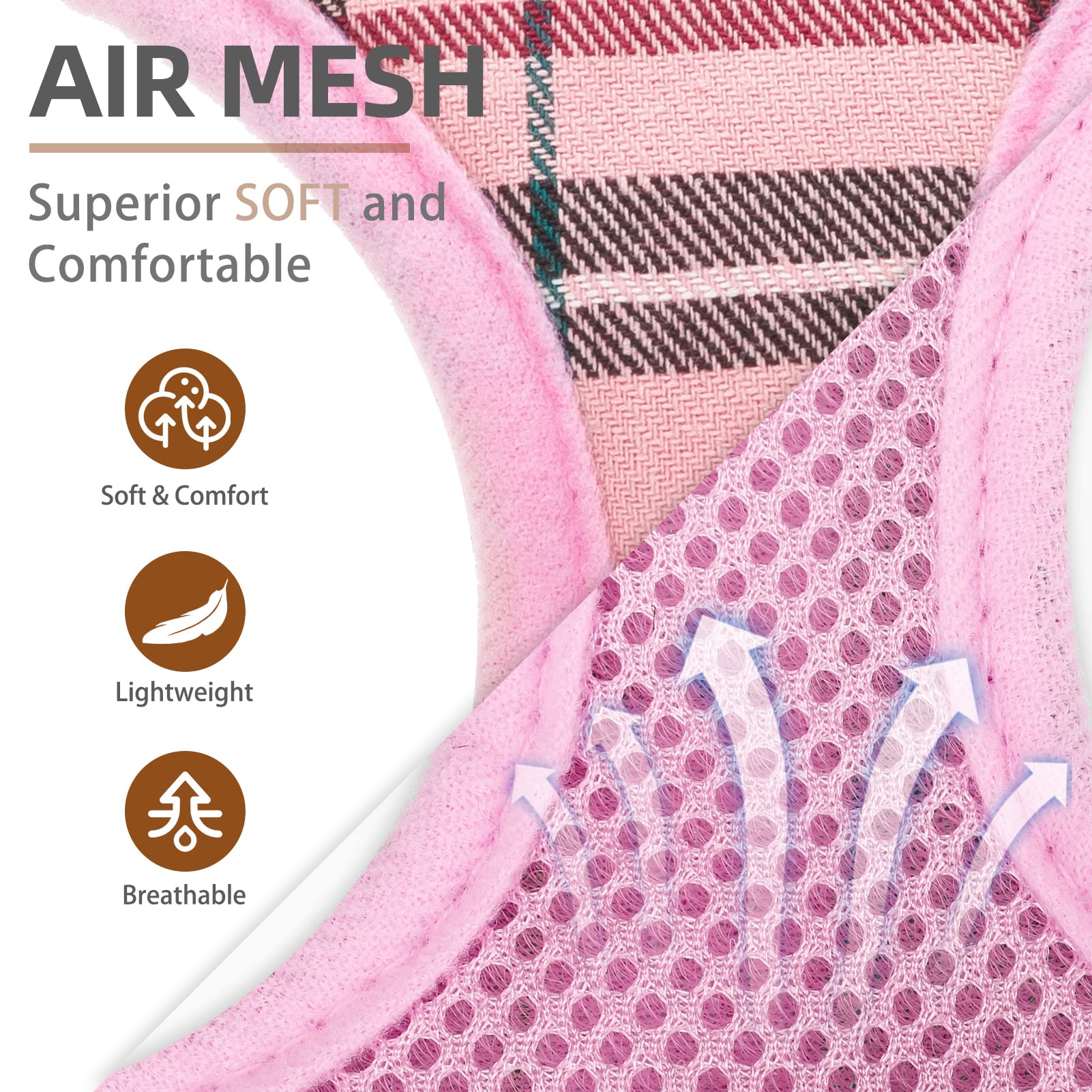 Pupteck Soft Mesh Dog Harness And Leash Set Pet Puppy Cat Comfort Padded Vest No Pull Harnesses, Light Pink, L