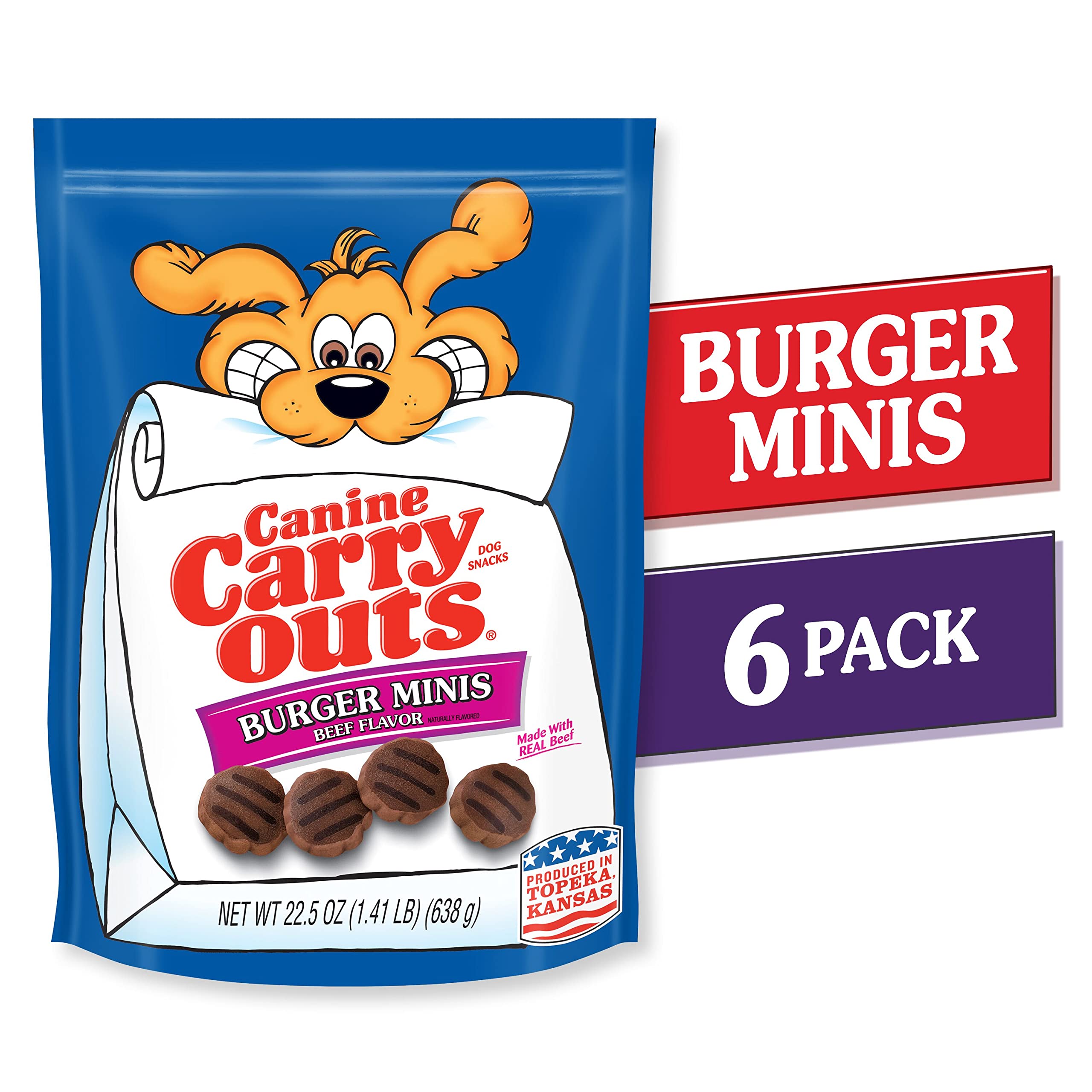 Canine Carry Outs Dog Treats, Burger Minis Beef Flavor, 22.5 Ounce (Pack of 6), Made with Real Beef
