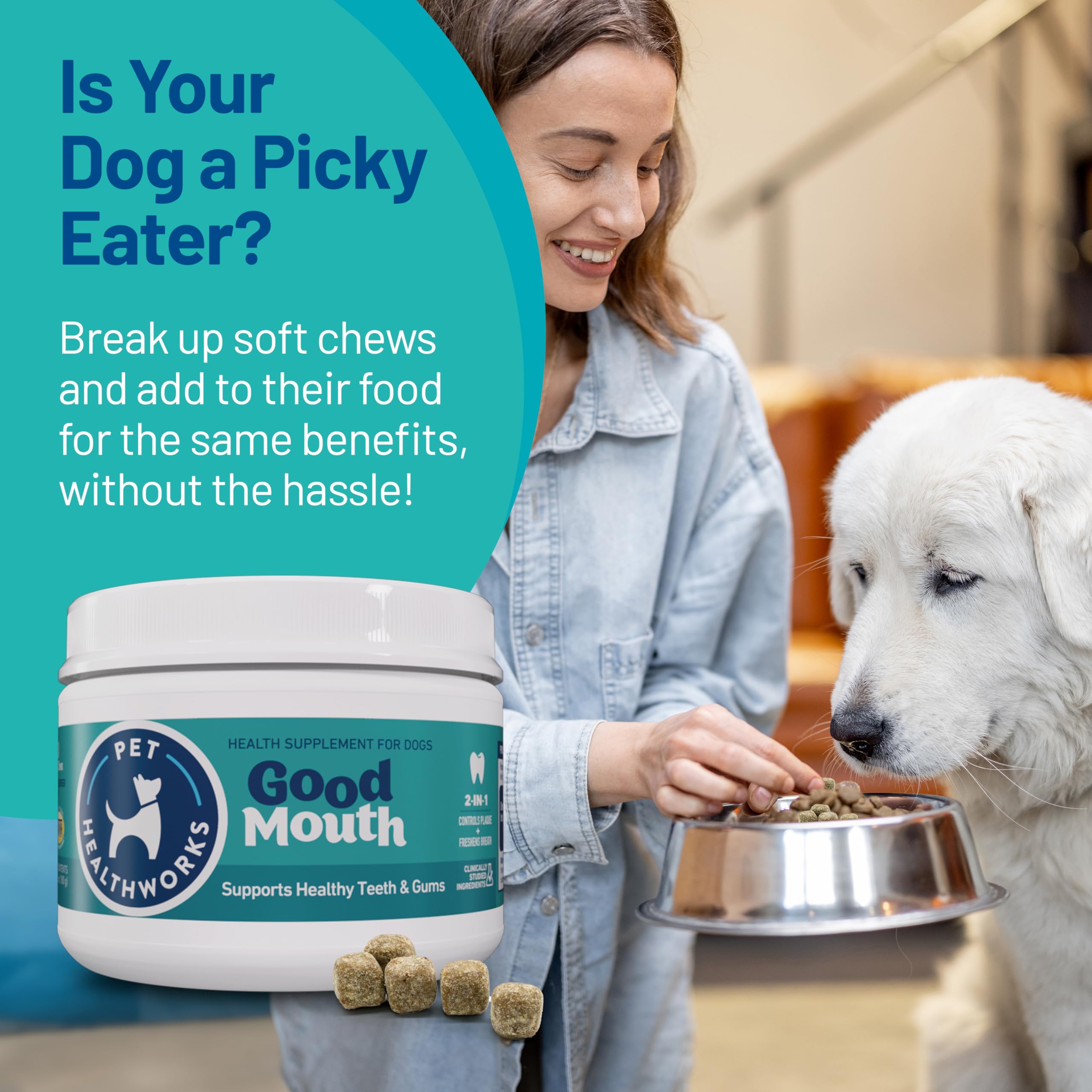 Pet HealthWorks Good Mouth Dental Chews for Dogs - Controls Plaque & Tartar, Fresh Breath, Cheeseburger Flavor, 60 Soft Chews