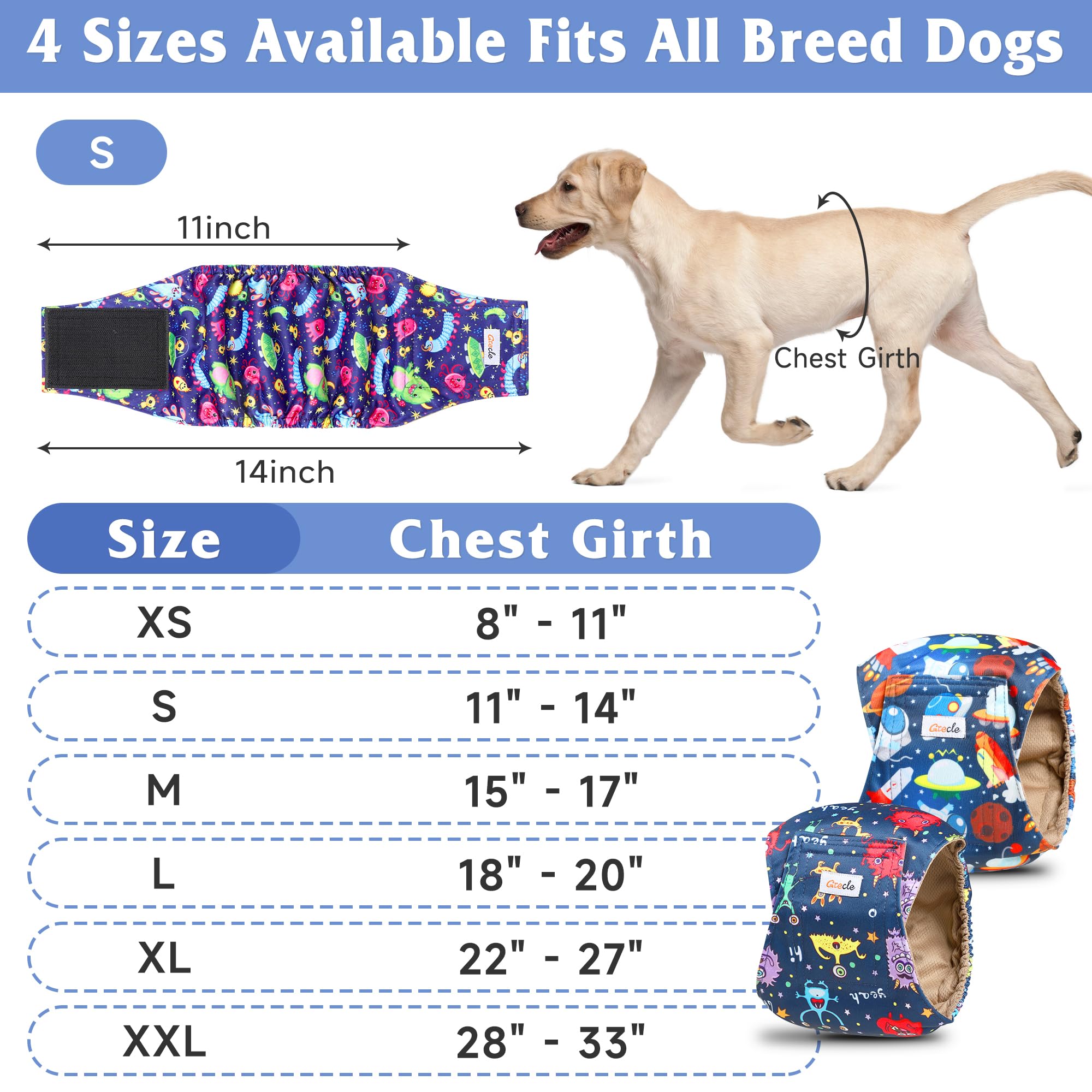 Grecle 5 Pack Male Dog Diapers, Reusable Belly Bands For Male Dogs, High Absorbing, Small Size, Monster Color