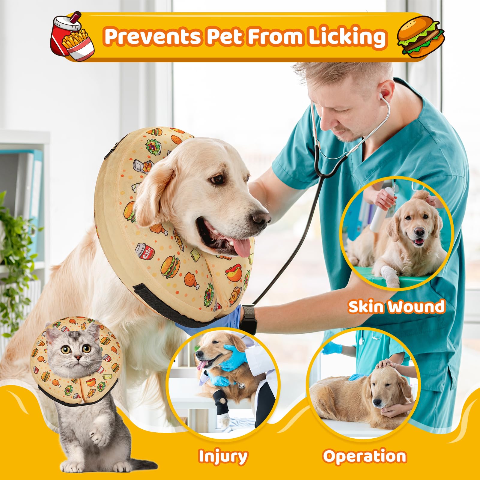 Grand Line Hamburger Inflatable Collar for Dogs and Cats, Soft Protective Recovery Cone After Surgery, Blow up Pet Collar Cone,