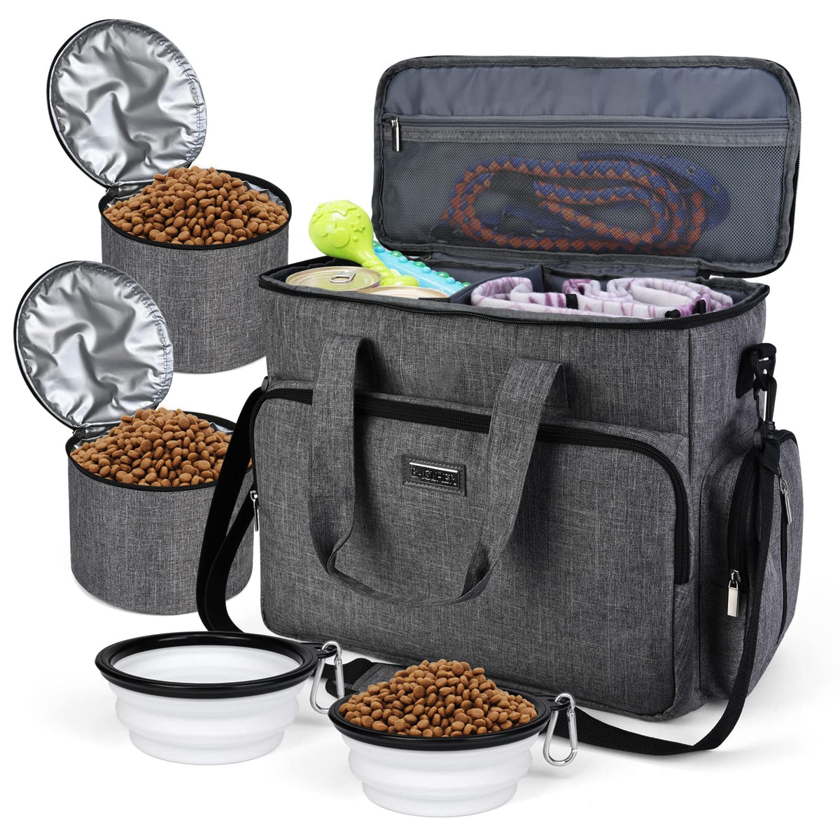 Baglher Dog Travel Bag, Airline Approved Pet Tote Organizer With Multi-Function Pockets,2X Food Storage Containers And 2X Collapsible Dog Bowls,Perfect Weekend Pet Travel Set For Dog, Cat Grey