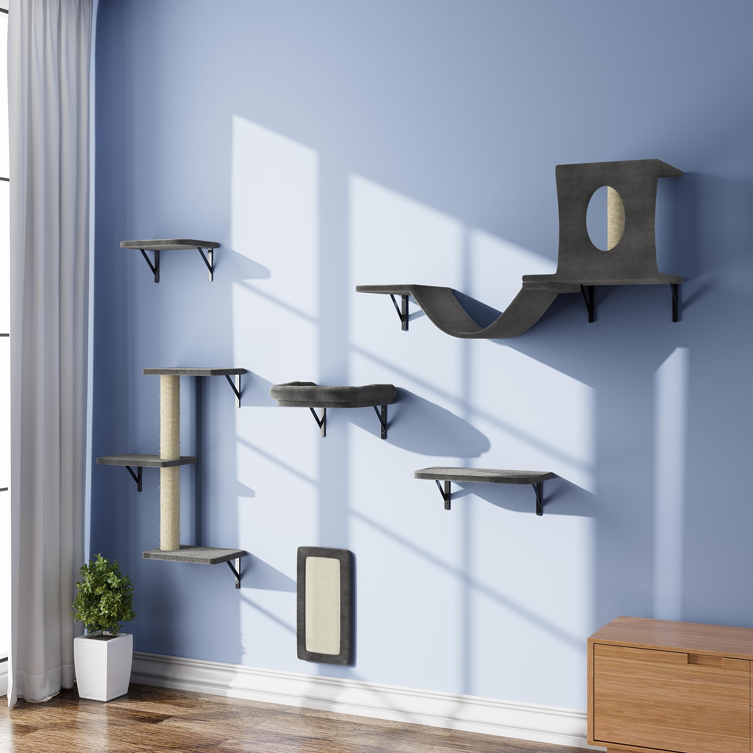 NUNU LAB Wall Mounted Cat Furniture, 6pc Cat Wall Furniture, Cat Climber with Cat House, Bridge, Tree, Steps, and Scratcher, DIY