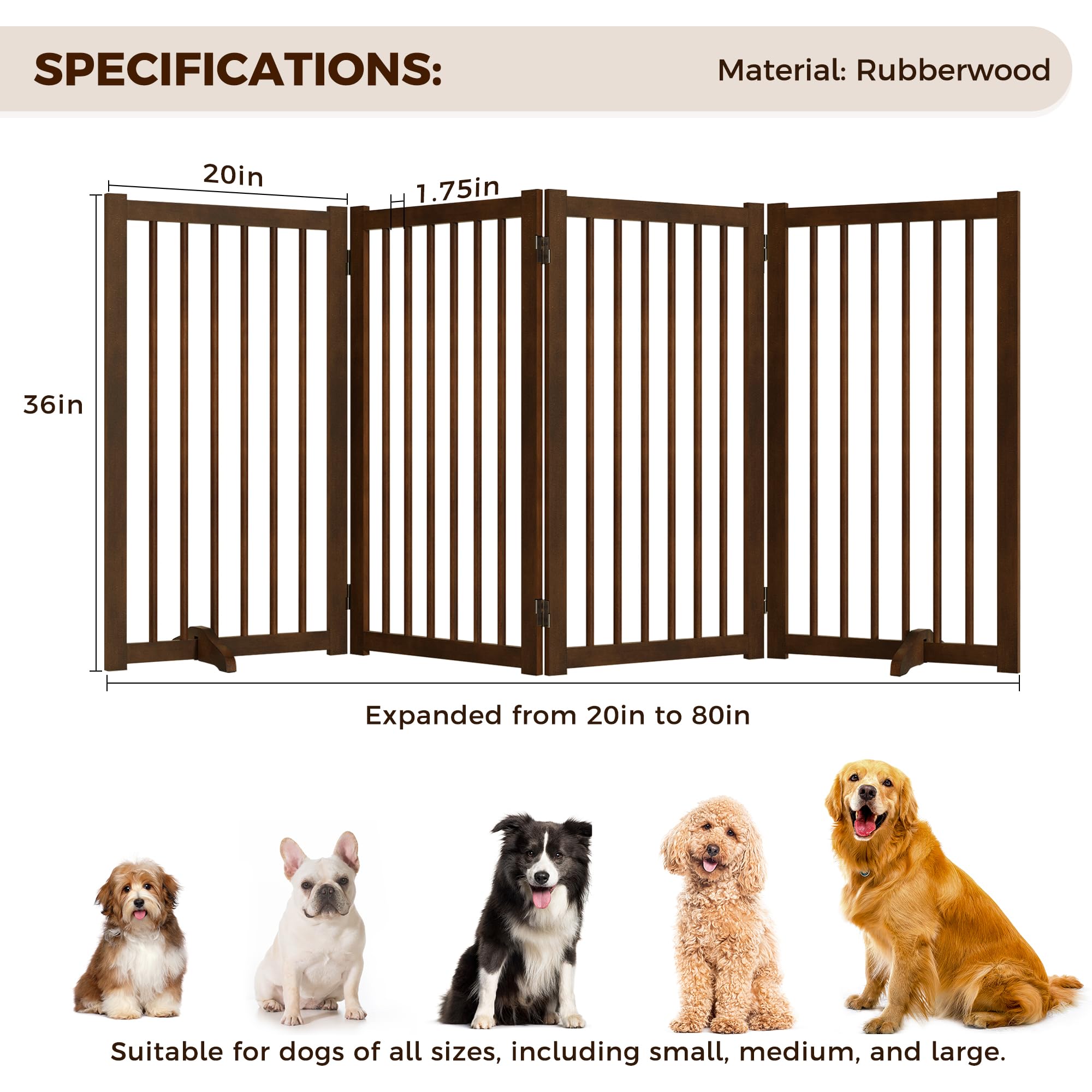 36'' H Freestanding Pet Gate, Solid Wood Foldable Dog Gate with Support Feet, Wooden Tall Dog Gate for Doorway, Stairs & Indoor