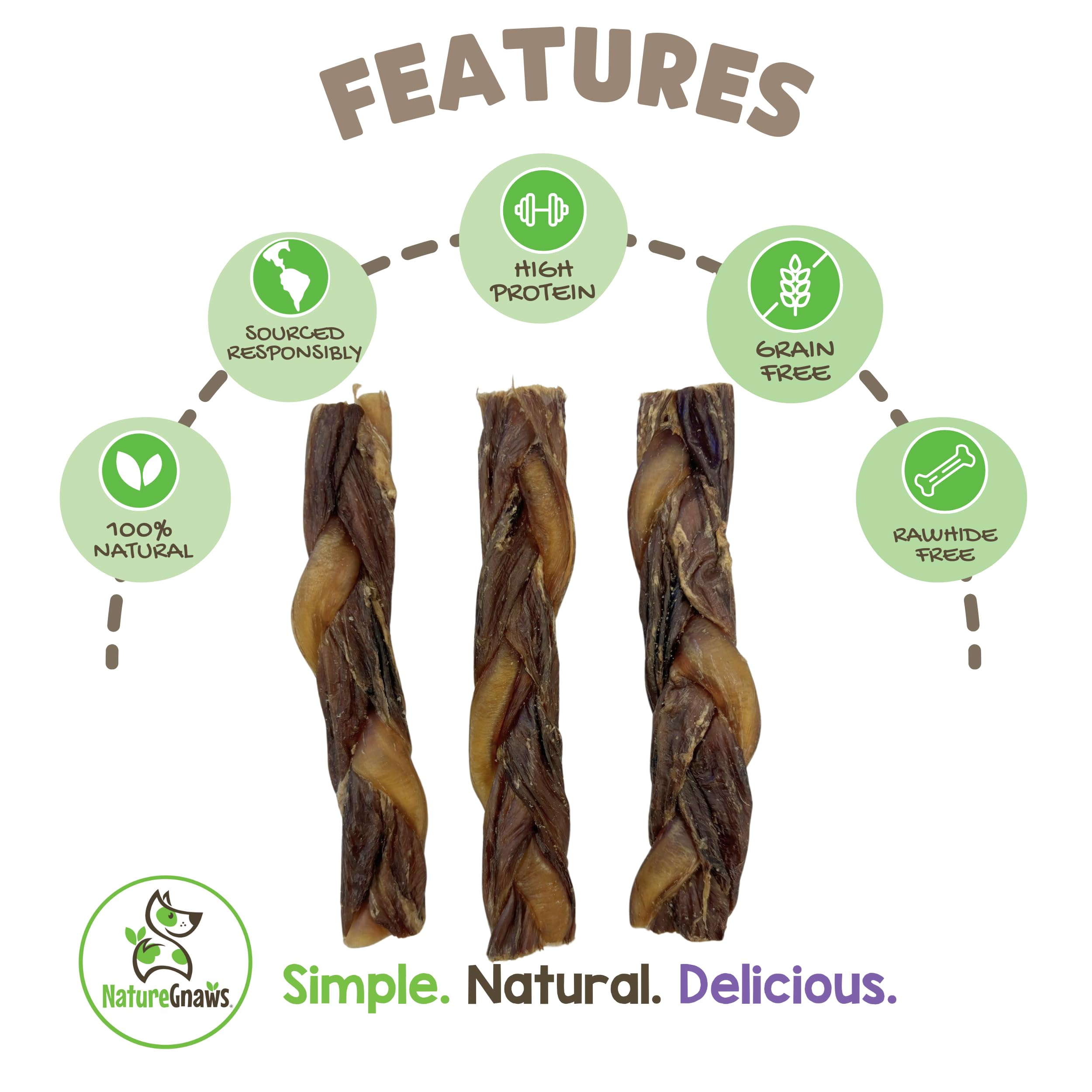 Nature Gnaws Braided Bully Twists for Dogs 5-6 (3 Count) - Long Lasting for Small and Medium Dogs - Natural Beef Dog Chew Bones