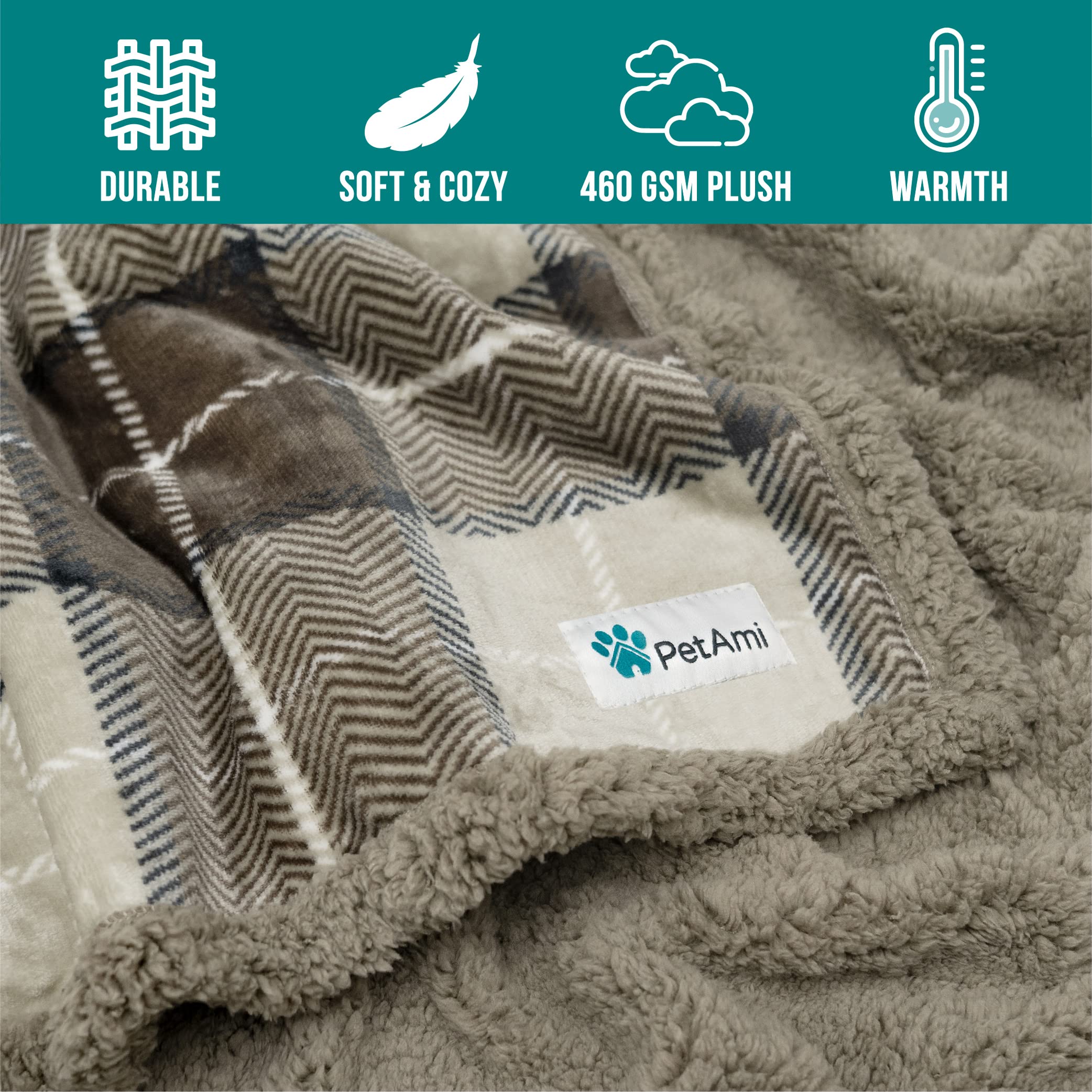 Petami Dog Blanket For Bed, Xl Pet Blanket Large Dogs, Fleece Furniture Couch Cover Protector Sofa Car Crate Kennel, Soft Sherpa Cat Throw Plush Reversible Washable, Twin 60X80 Plaid Taupe