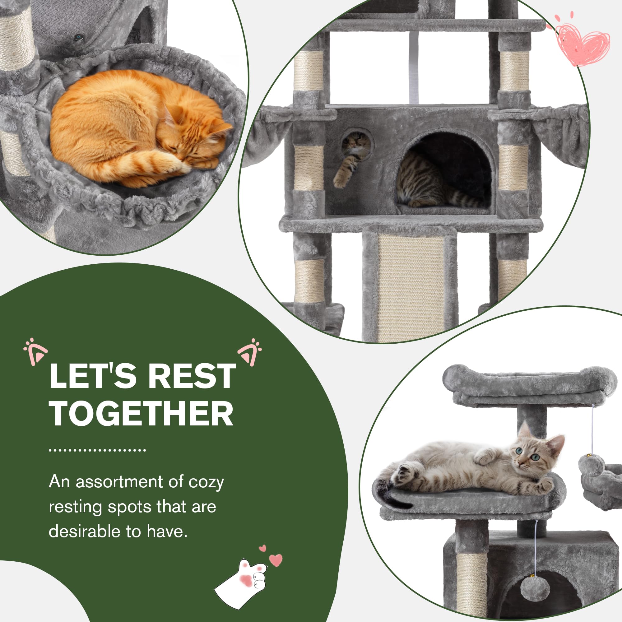 Imusee 68 Inches Multi-Level Cat Tree For Large Cats/Big Cat Tower With Cat Condo/Cozy Plush Perches/Sisal Scratching Posts And Hammocks/ Activity Center Play House/Grey