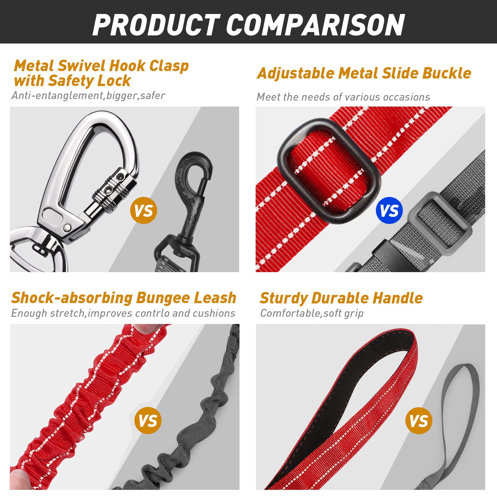 Aubell Dog Leash, Reflective Dog Leash Heavy Duty Dog Leash With Car Seat Belt And Padded Handle, Tactical Dog Leashes For Walking,Training Lead For Large Medium Dogs, 6Ft Strong Bungee Dog Leash, Red