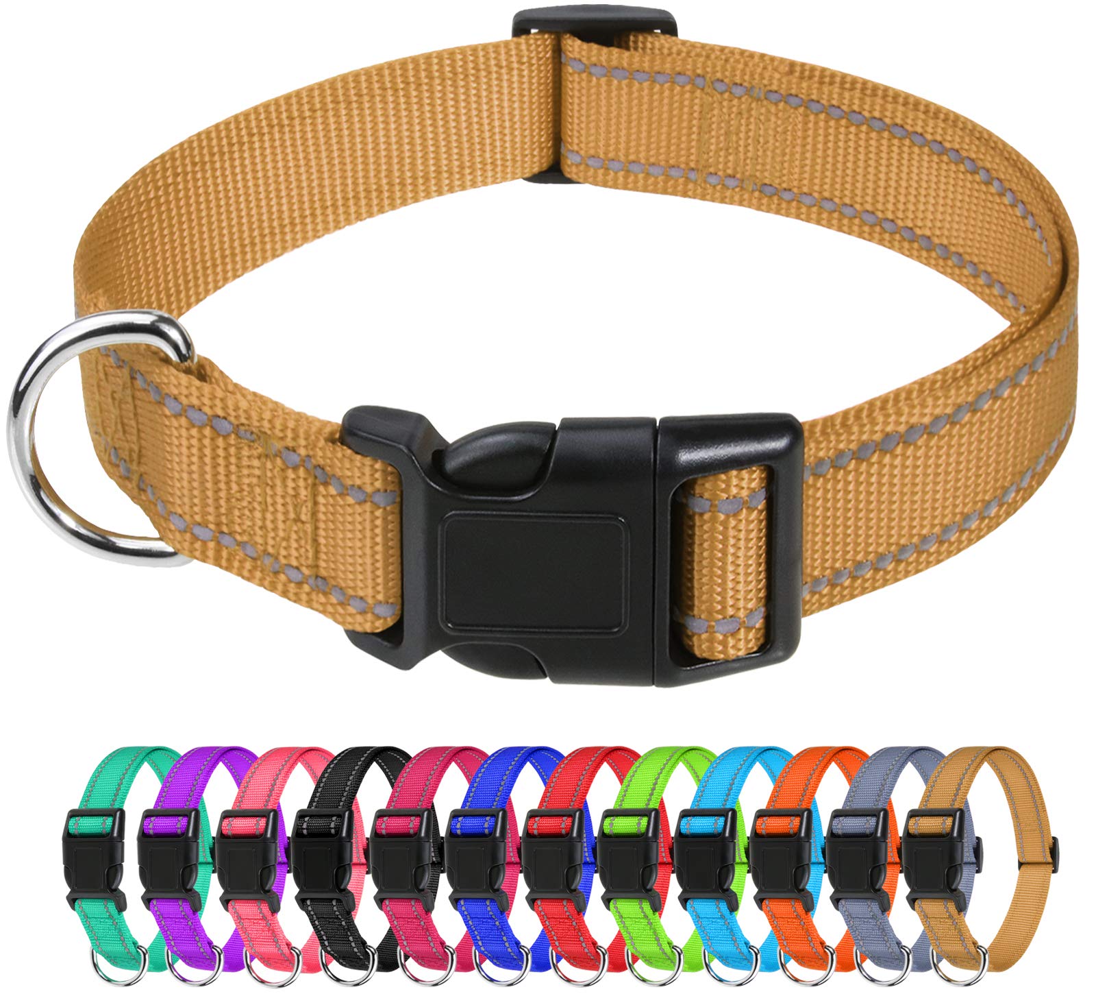 Tagme Reflective Nylon Dog Collars, Adjustable Classic Dog Collar With Quick Release Buckle For Large Dogs, Khaki, 1.0' Width