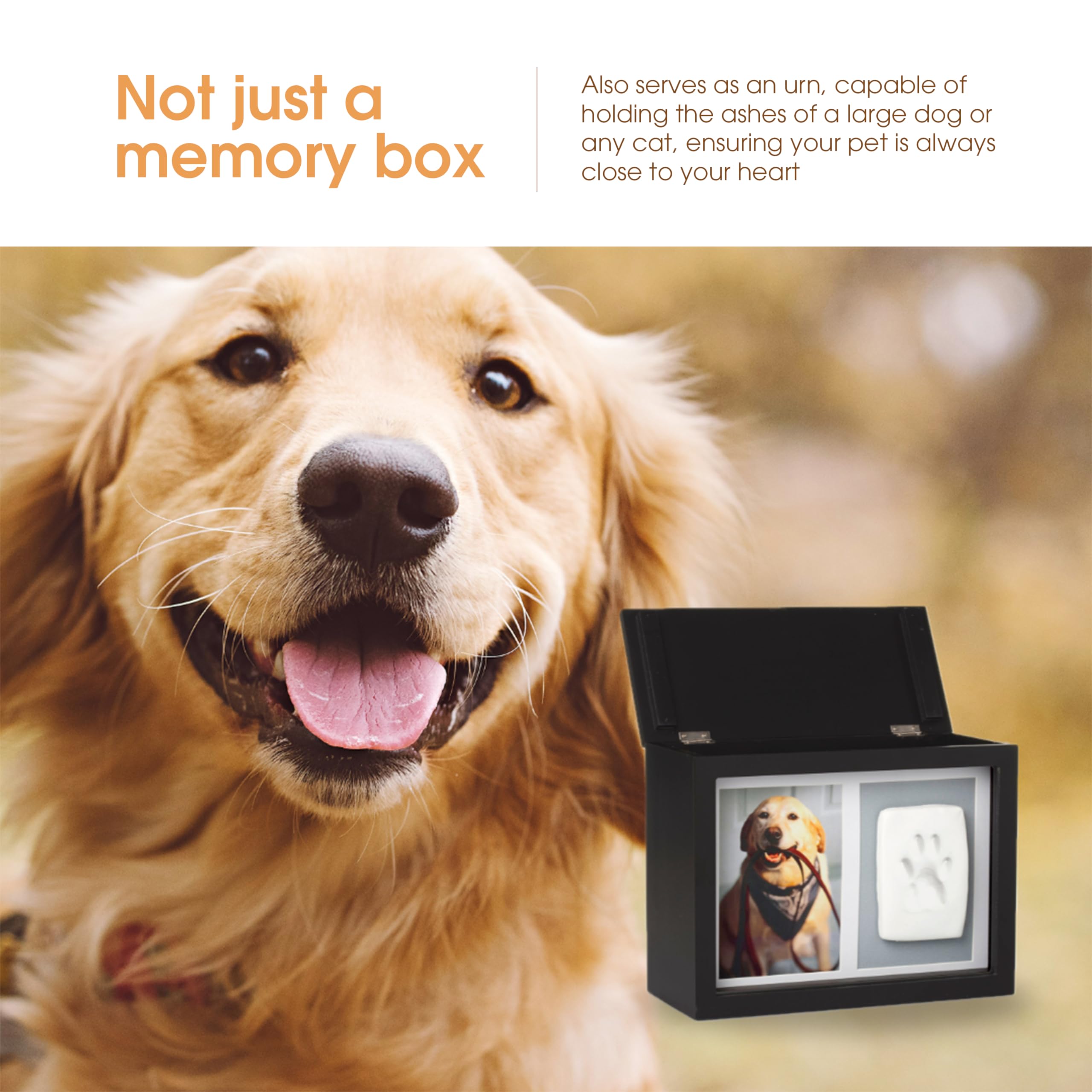 Pearhead Pet Memorial Box With Paw Print Impression Kit - Pet Owner Memory Keepsake, Urn For Dogs And Cats, Storage For Ashes, Collar, Toys And Mementos, Includes Clay For Pawprint, Black