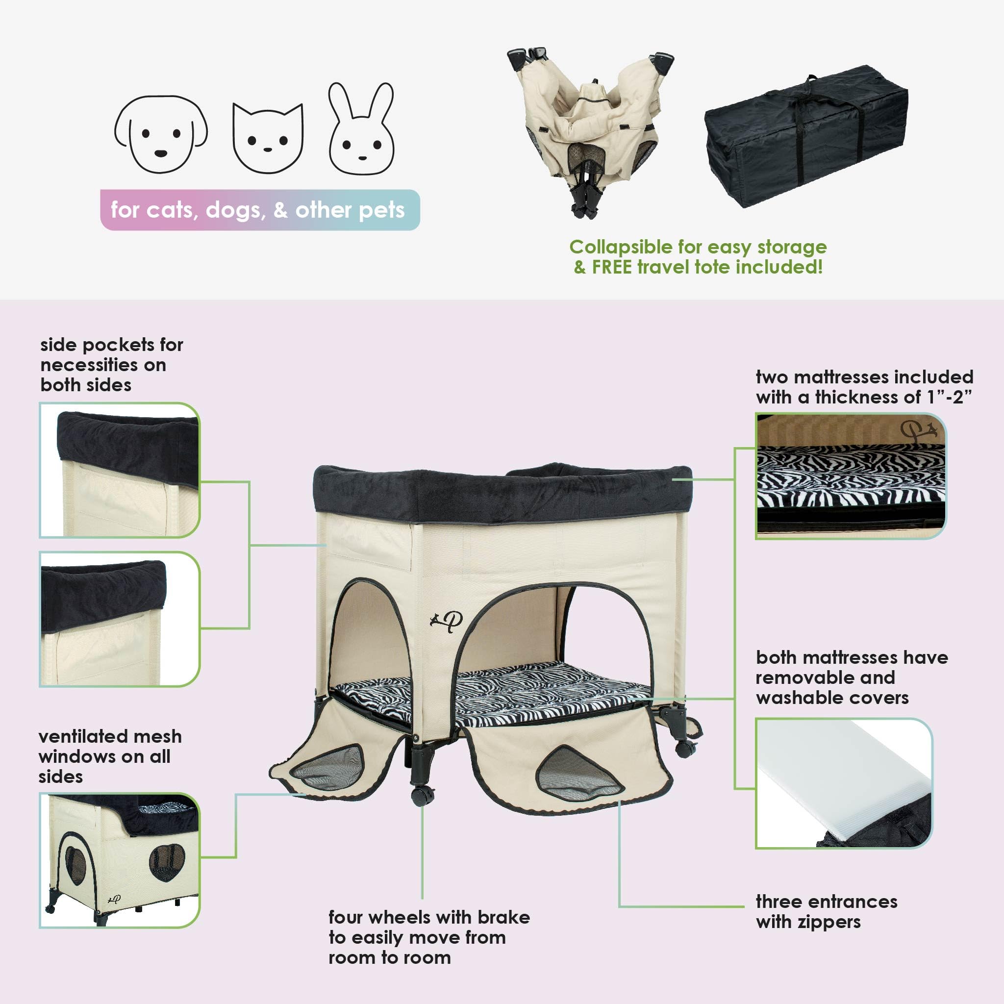 Petique Bedside Lounge Pet Bed, Raised Bunk Bed For Medium Size Pets For Cats & Dogs, Zebra Vibes Design