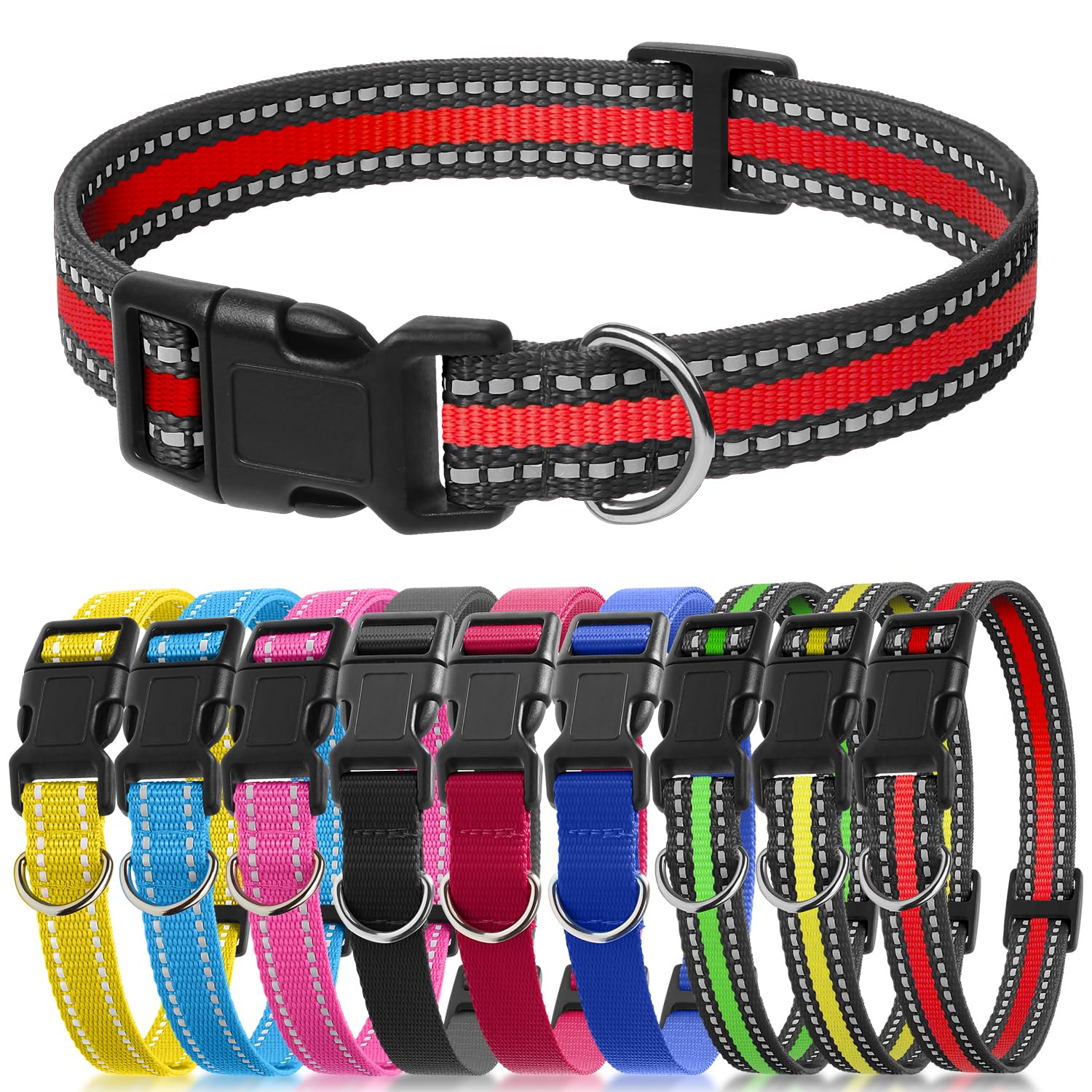 Petjoy 3-Pack Dog Collar - Quick-Release Buckle & D-Rings - Reflective Multi-Color (R/Y/G) - Adjustable 8-27'' For Most E-Collar