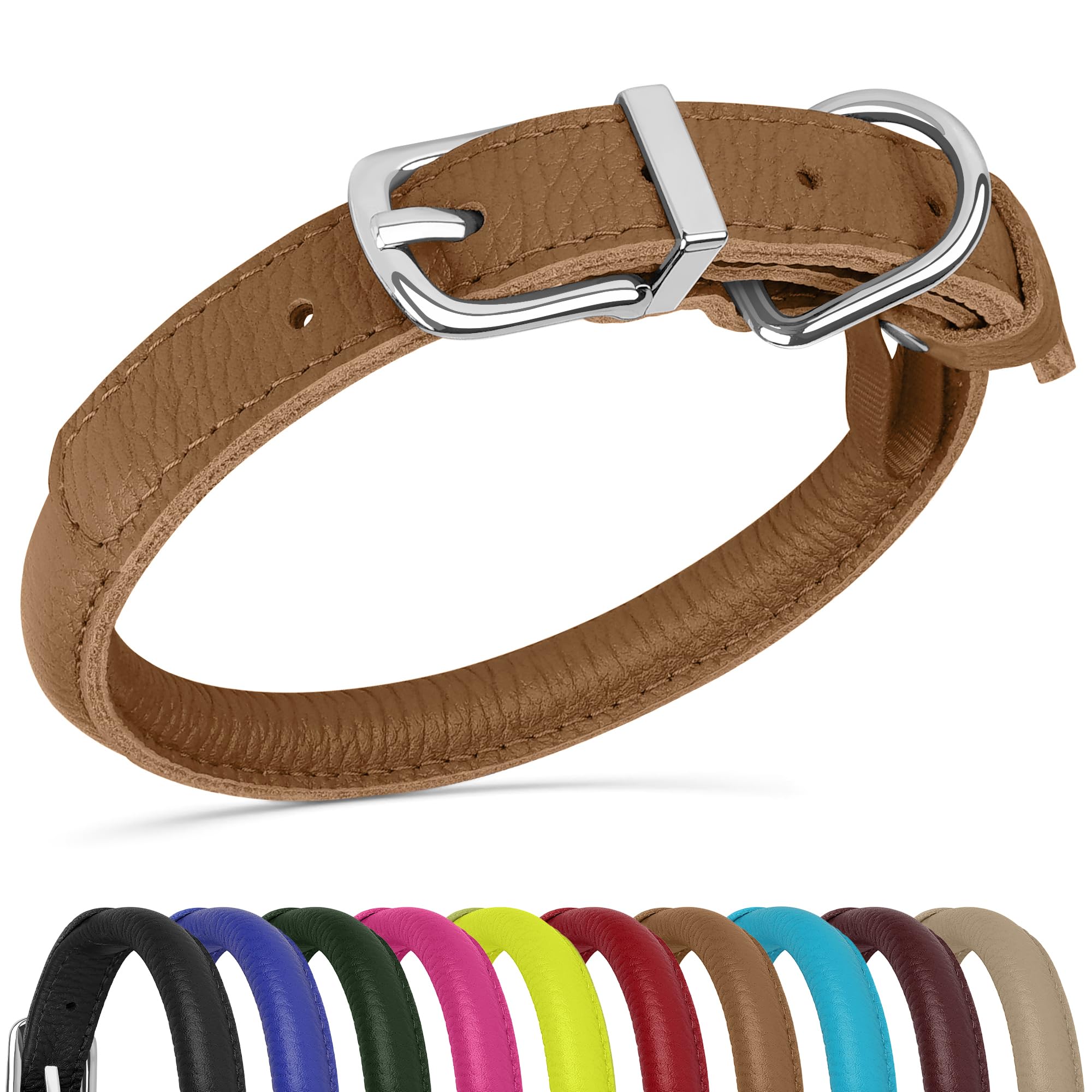 Oopsdoggy Rolled Leather Dog Collar Soft Roll Collars For Small Medium Large Dogs Puppy (Brown, S, 10''-13'')