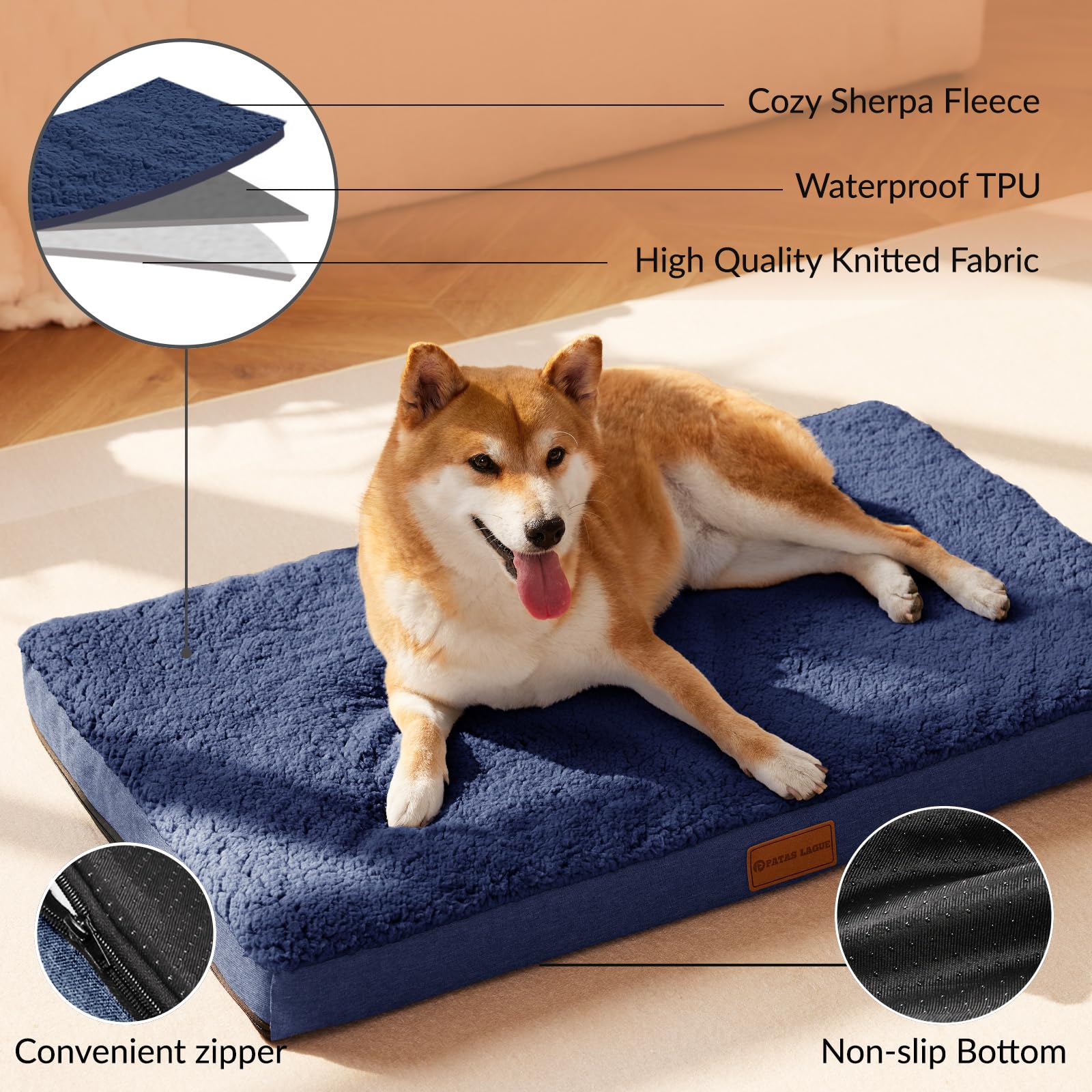 Patas Lague Orthopedic Dog Bed For Large Dogs, Soft Comfortable Waterproof Egg Crate Foam Medium Pet Beds Mat With Removable Was