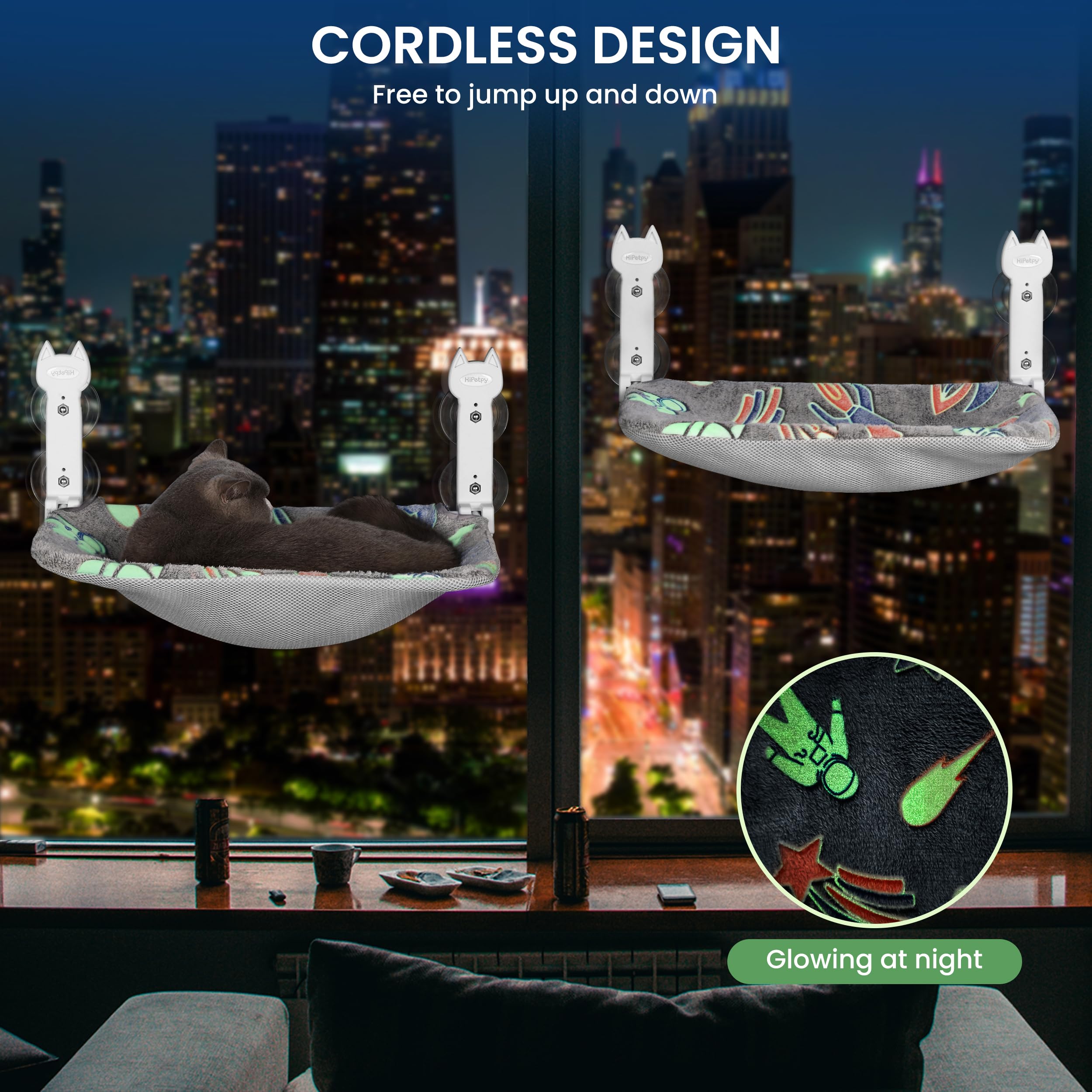 Hipetpy 2 Pack Cat Window Perch, Glow In The Dark Foldable Cat Hammock With Sunken Design & Removable Soft Cover, Breathable Cor