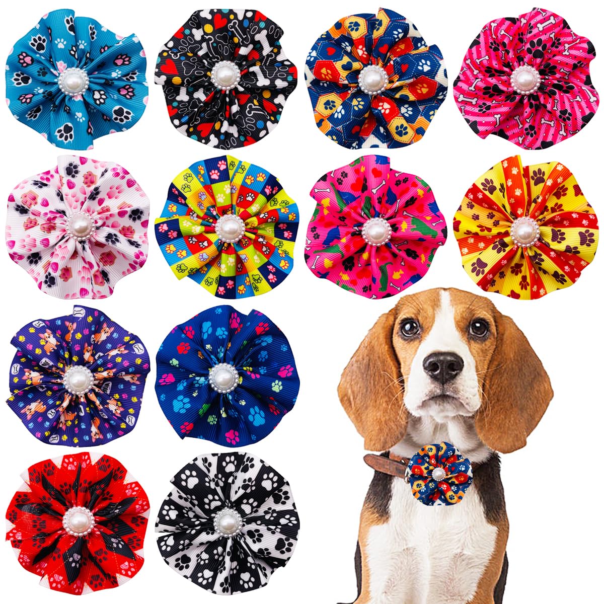 Jpgdn 12Pcs Dog Collar Flowers Bows Attachment Sliders Paw Print For Small Medium Girl Female Cat Puppy Alpaca Rabbit Neck Bows 