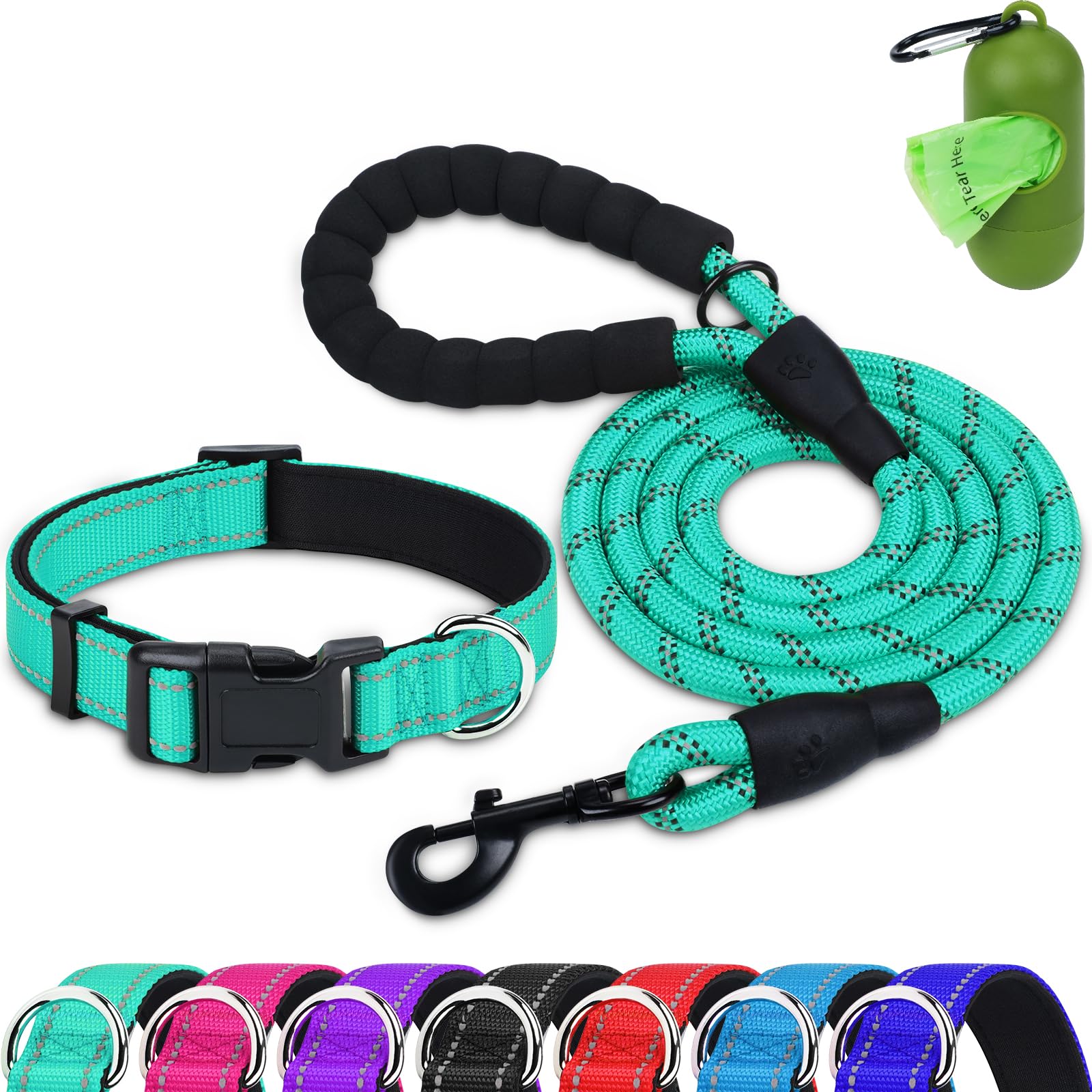 Dynmeow Reflective Dog Collar and Leash Set, 6FT Strong Climbing Rope Leash with Padded Handle, Adjustable Pet Collar with Soft 
