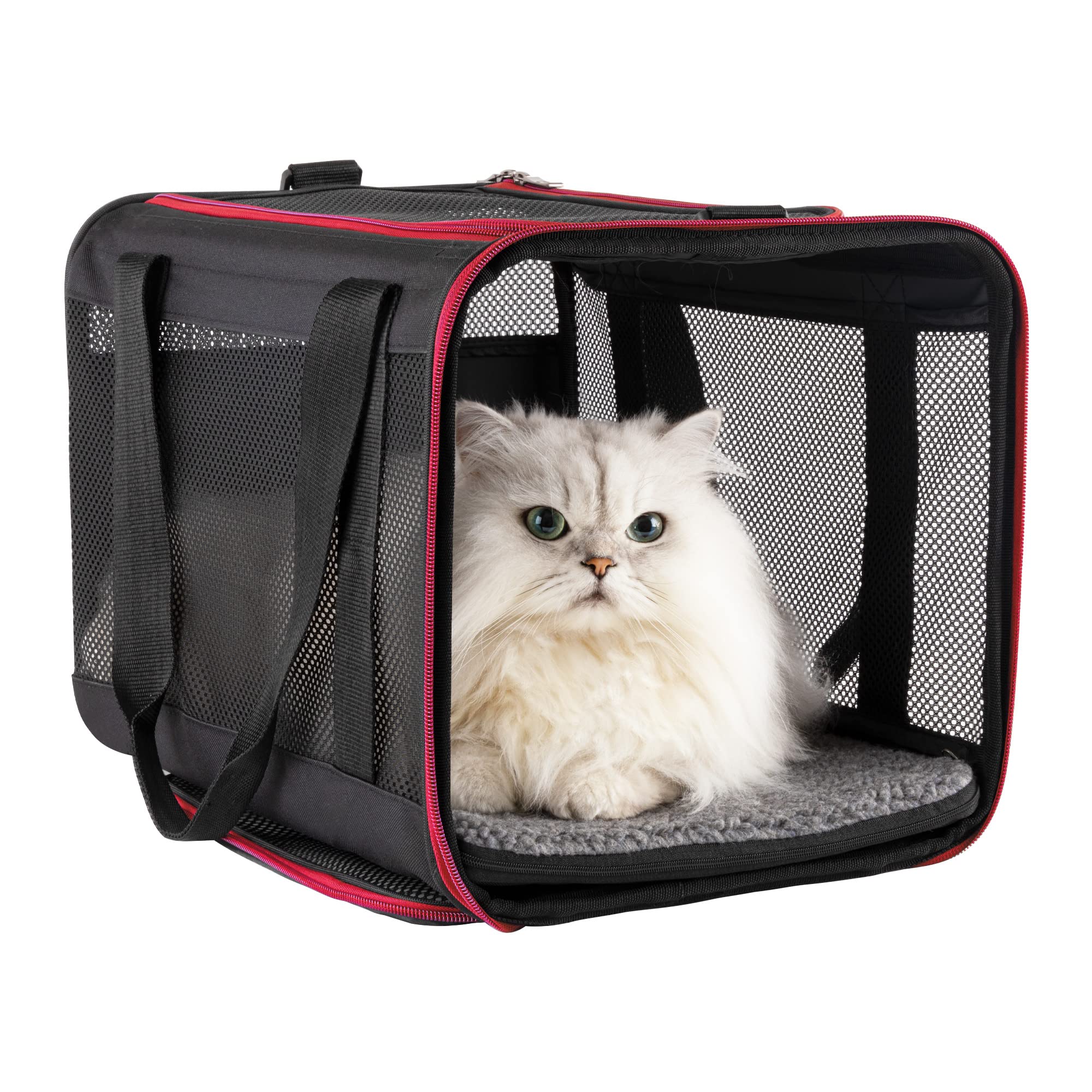 Soft Pet Carrier For Medium And Large Cats, 2 Kitties And Small Dogs (Large, Black W/Red Trim)