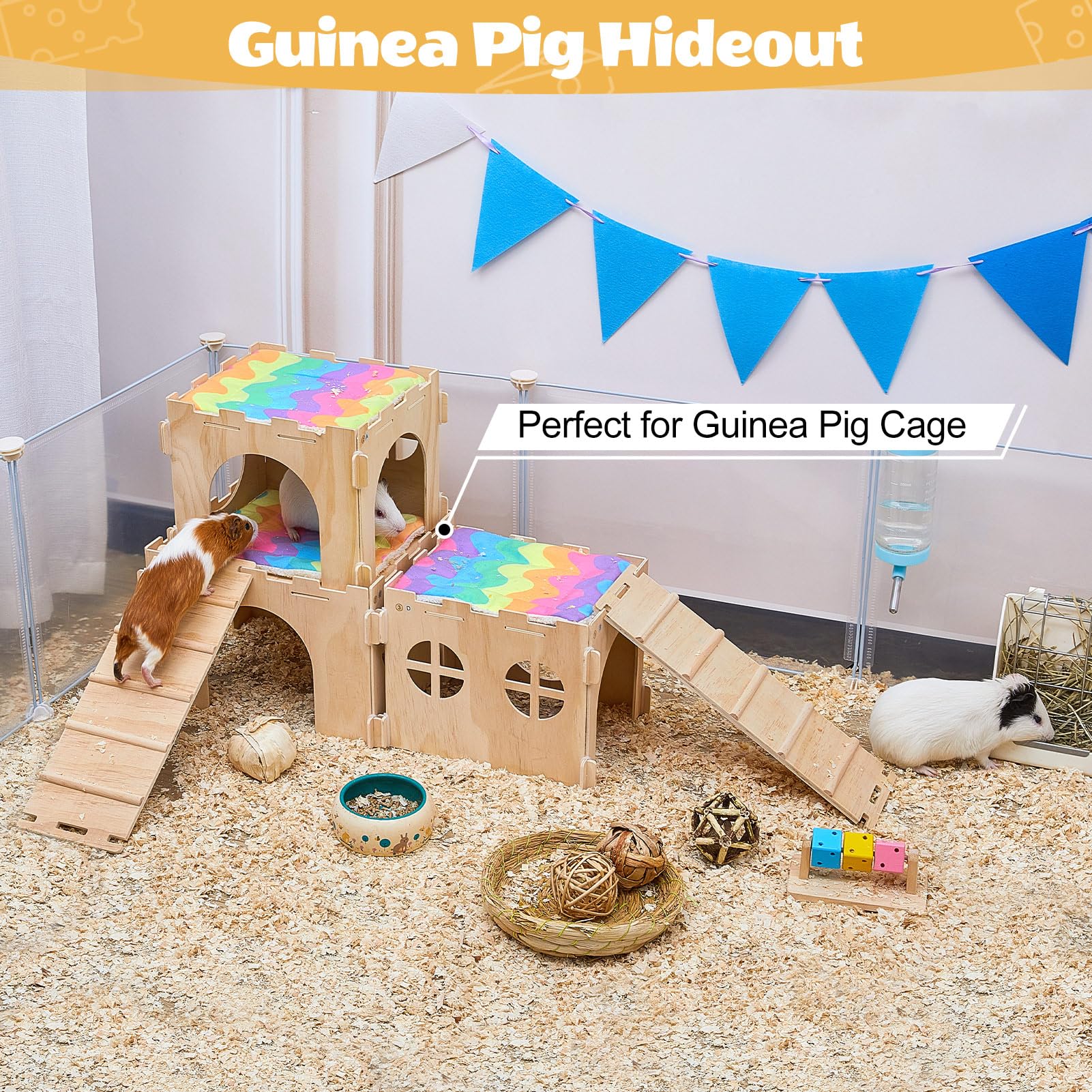 Guinea Pig Hideout, Guinea Pigs House with Stairs and Mats Extra Large Guinea Piggy Castle Detachable Hideouts for Small Animals