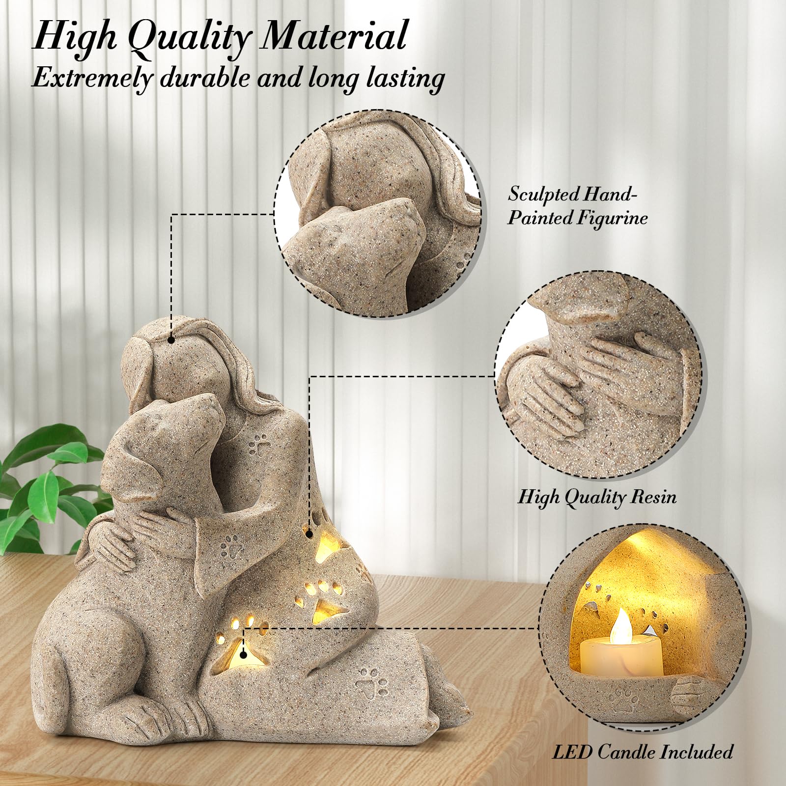 INLOMEM Dog Memorial Gift, Granite Sculpture, Hand-Sculpted Resin Pet Loss Sympathy Gift with LED Candle Holder, Home Decor for