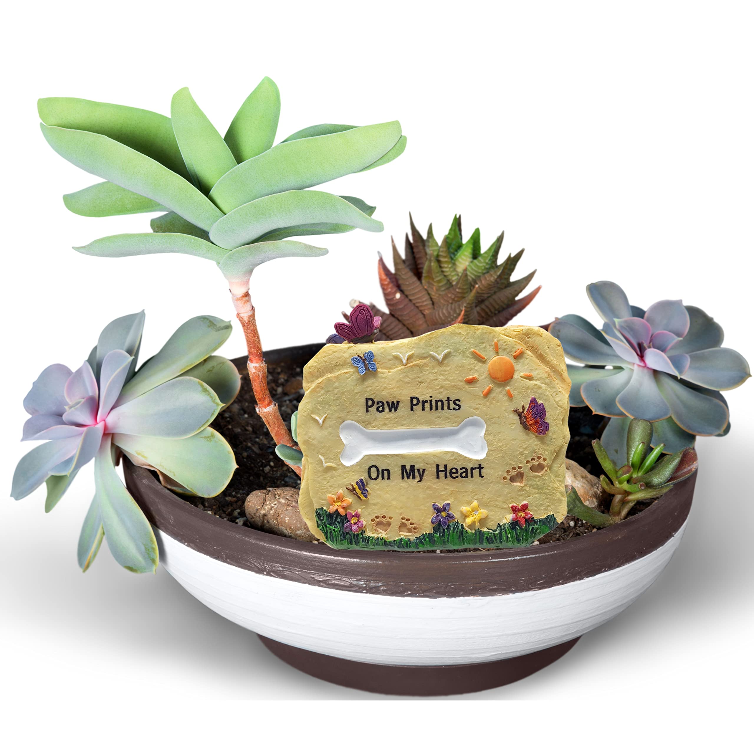 Banberry Designs Dog Memorial Stone - Paw Prints On My Heart Rock With Butterflies, Flowers, Sun - 3.25' W X 2.5' H X 1.5' D - Desktop Pet Remembrance Décor