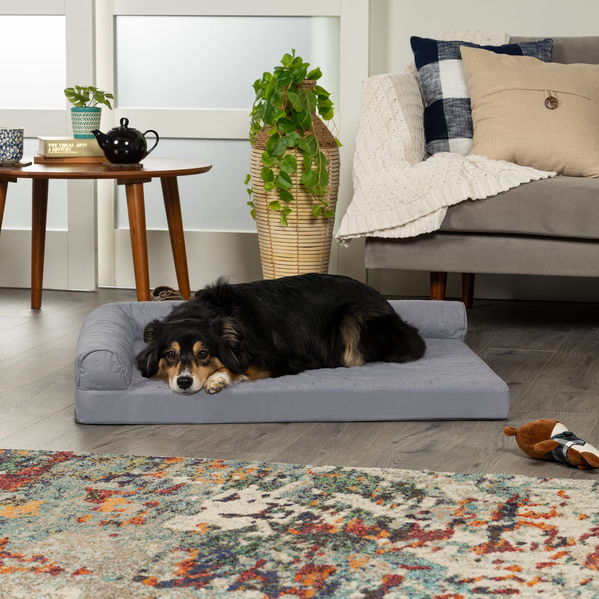 Furhaven Large Cooling Gel Foam Dog Bed - Quilted Paw L Shaped Chaise, Titanium, Removable Washable Cover, Model 84481817