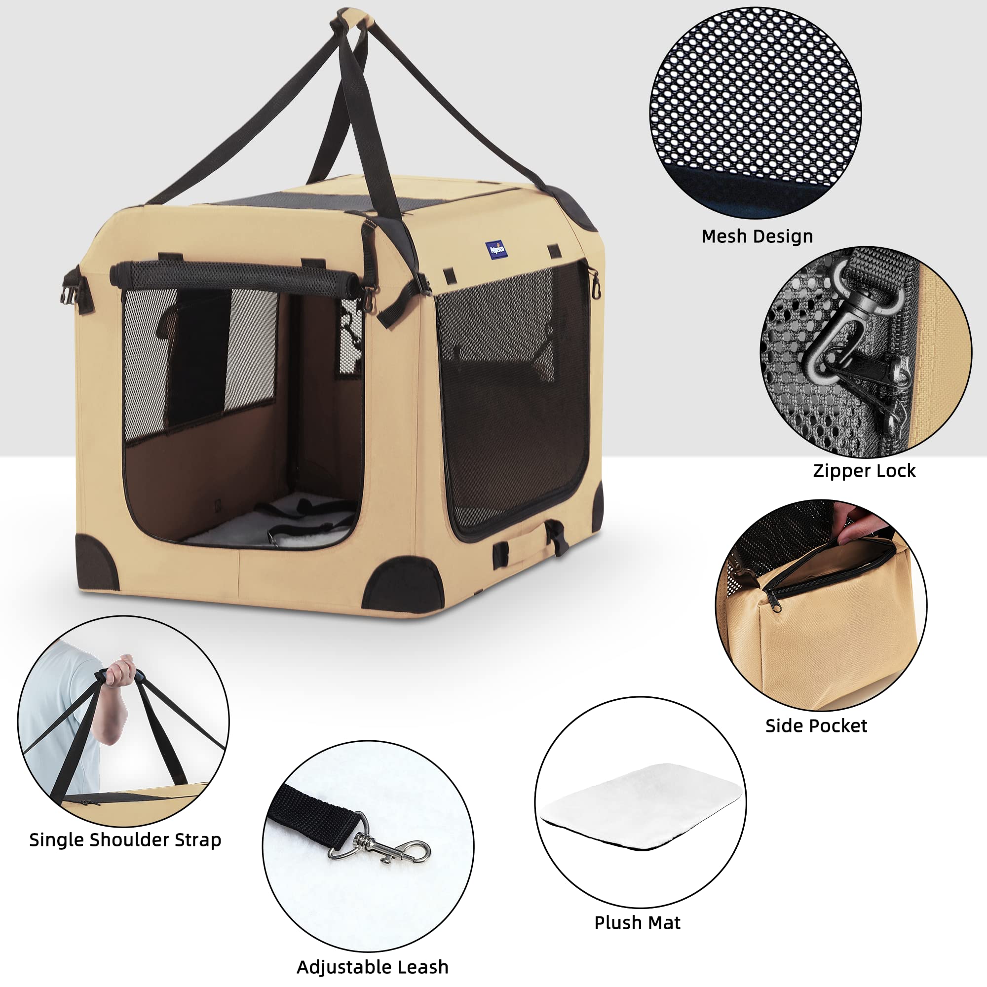 Petprsco Portable Dog Crate - Collapsible 32"x23"x23" for Medium/Large Dogs, Beige, Includes Soft Blanket, Bowl & Poop Bag Dispenser