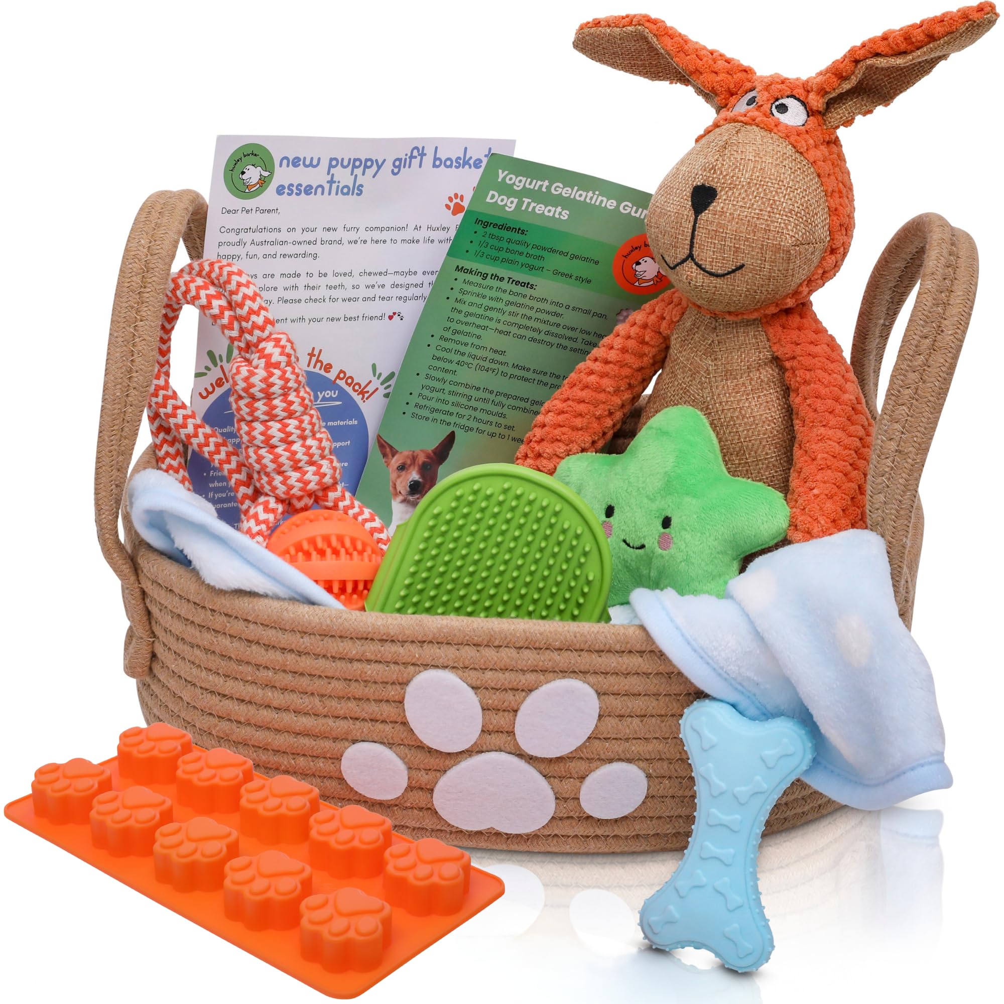 Premium Puppy Starter Kit - New Puppy Gift Basket with Essentials, Toy Box, Treat Tray, Training Supplies, Chew & Squeaky Toys f