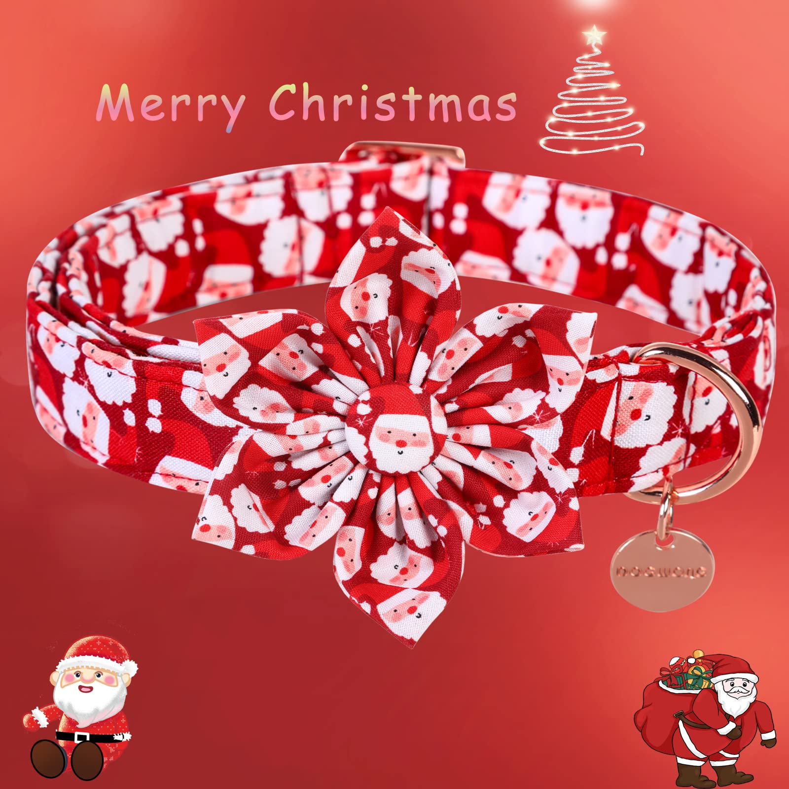 Dogwong Christmas Dog Collar With Flower, Red Santa Claus Dog Collar Soft Durable Adjustable Cotton Puppy Collar For Small Mediu