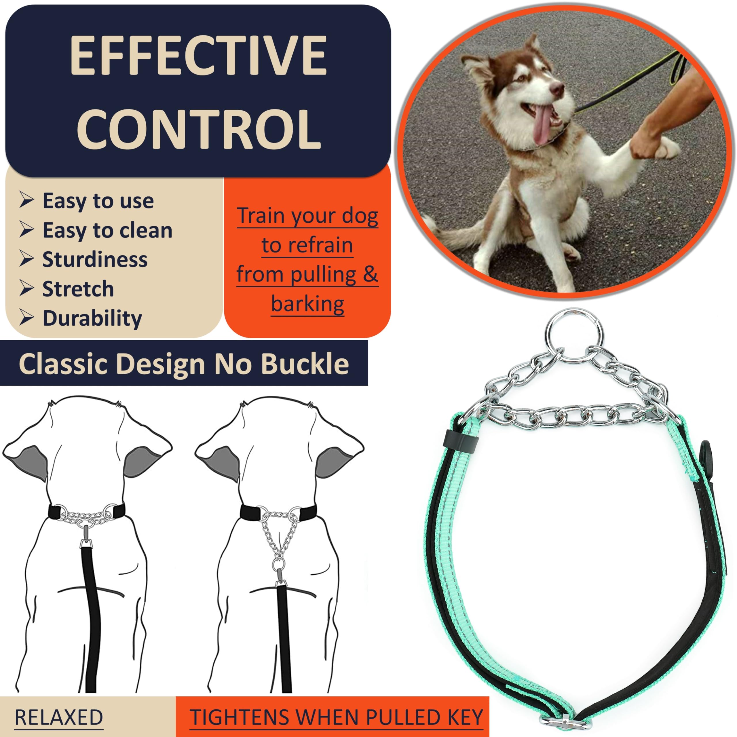 Deyace Martingale Collar For Dogs Large Breed, Adjustable Reflective Stainless Steel Chain Collar With Comfortable Soft Padded F