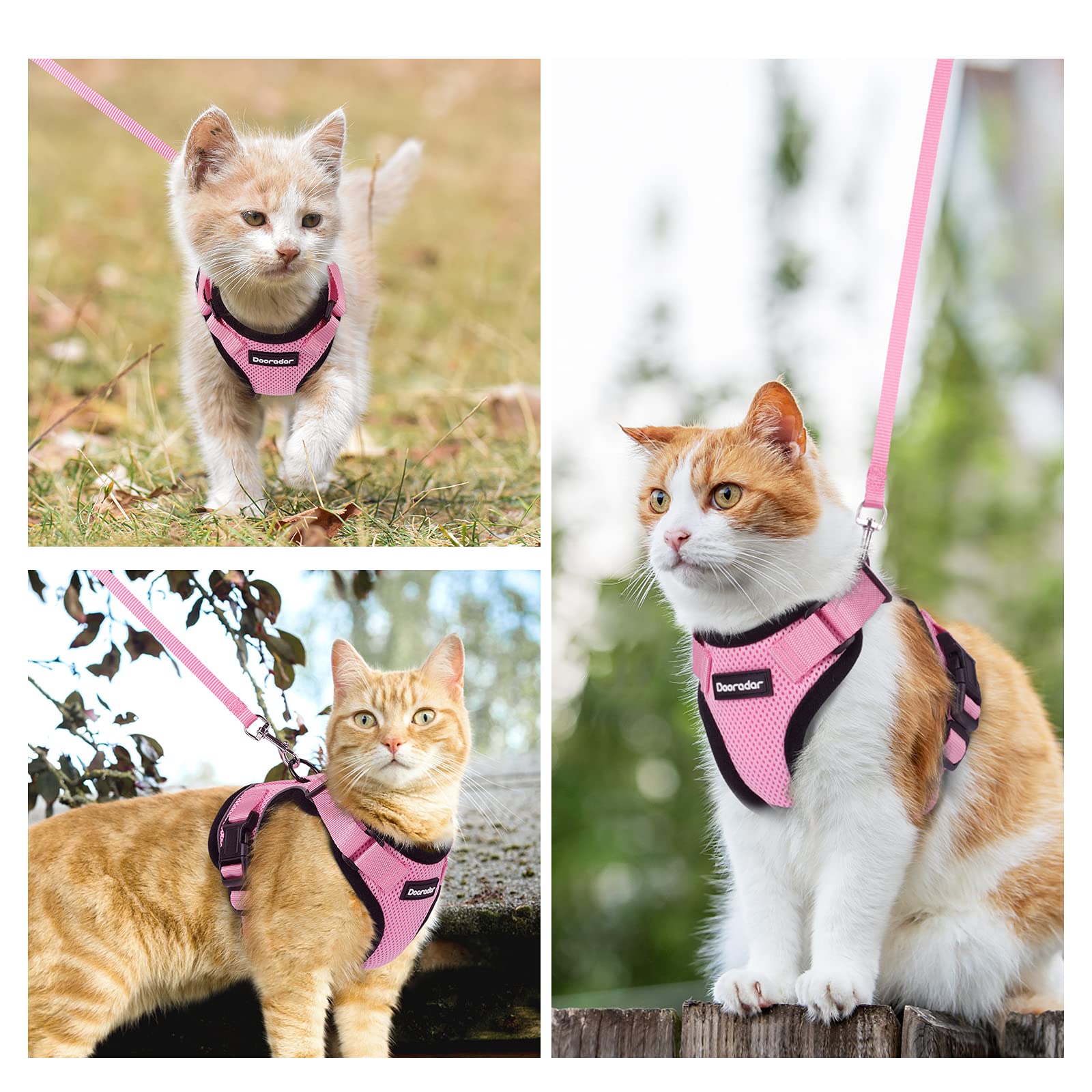 Dooradar Cat Harness and Leash Set, Adjustable Pink XS Vest, Soft Mesh, Escape Proof, Reflective Strips, Model YXMJTZ02XSPK20CW