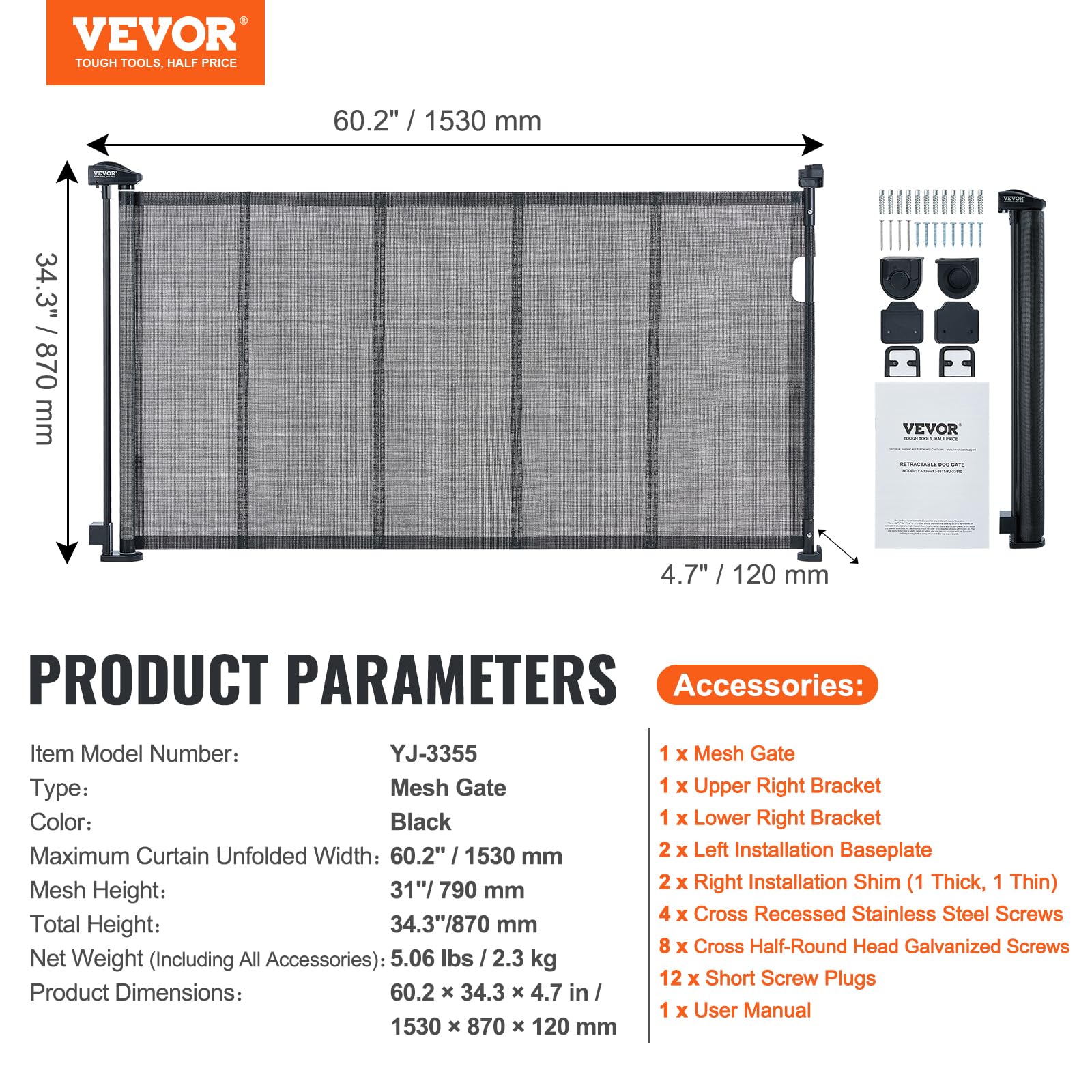 VEVOR Retractable Baby Gates for Stairs, Extends up to 60&quot; Wide, Mesh Dog Gate for The House, 34&quot; Tall Child Safety Gates for Doorways, Hallways, Wide Pet Gate, Cat Gate Indoor & Outdoor, Black