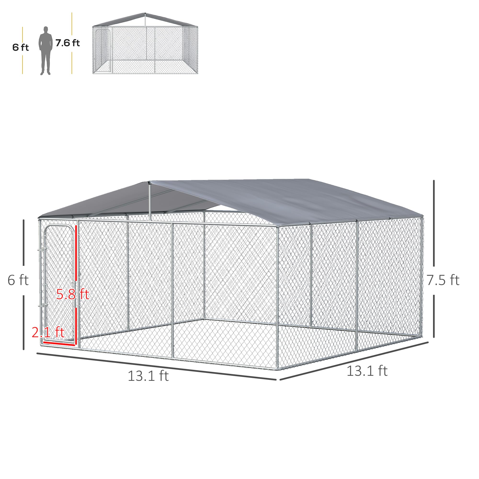 PawHut Dog Kennel Outdoor with Waterproof Canopy, Dog Run with Galvanized Chain Link, Secure Lock, for Backyard and Patio, 13 x