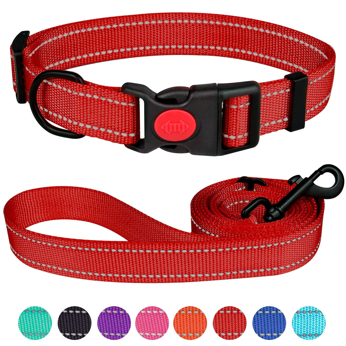 Reflective Dog Collar And Leash Set With Safety Locking Buckle Nylon Pet Collars Adjustable For Small Medium Large Dogs 3 Sizes(Red&L)