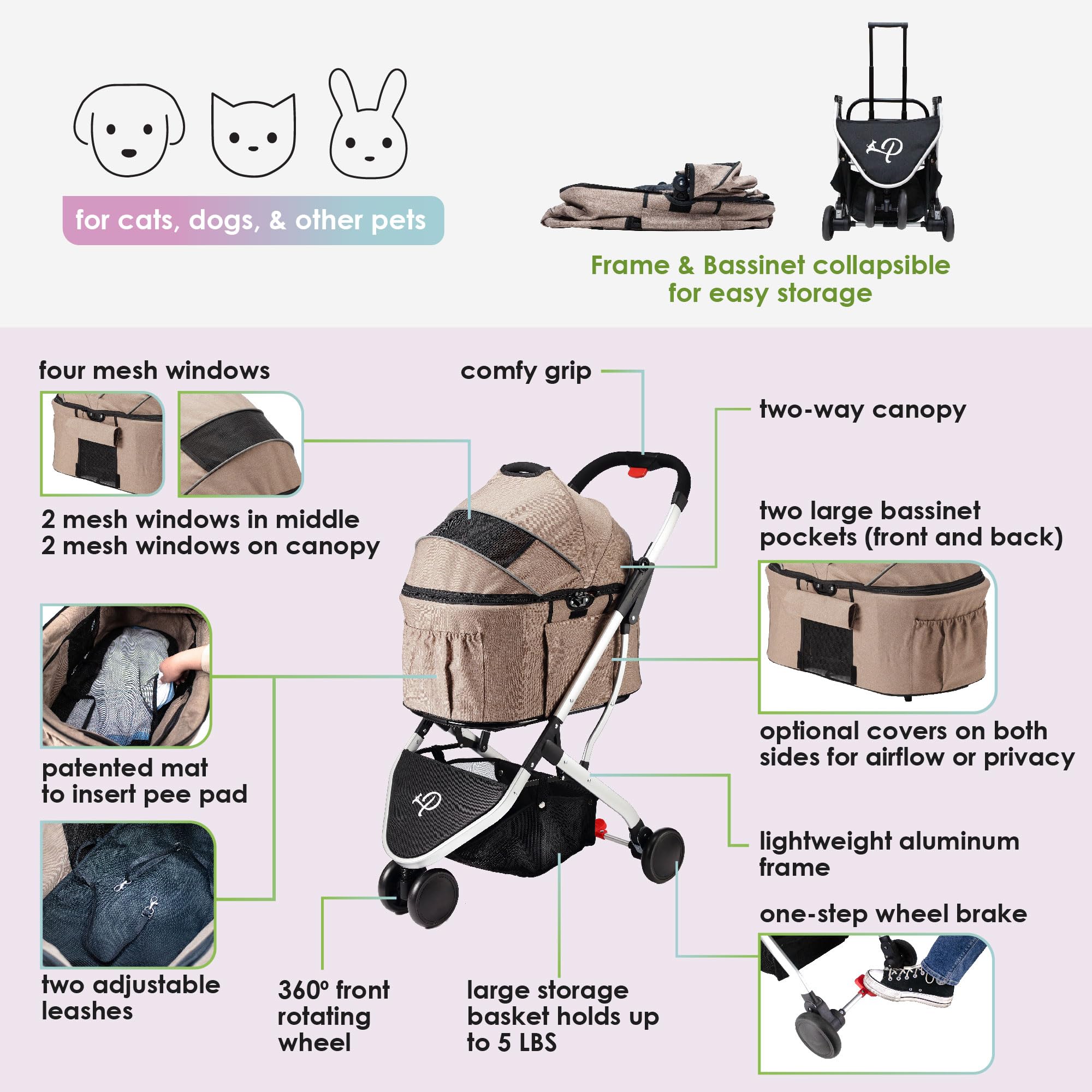 Petique 3-In-1 Newport Pet Stroller (Travel Carrier + Car Seat + Stroller), Easy Trifold/Unfold, 360 Front Rotating Wheel, Small