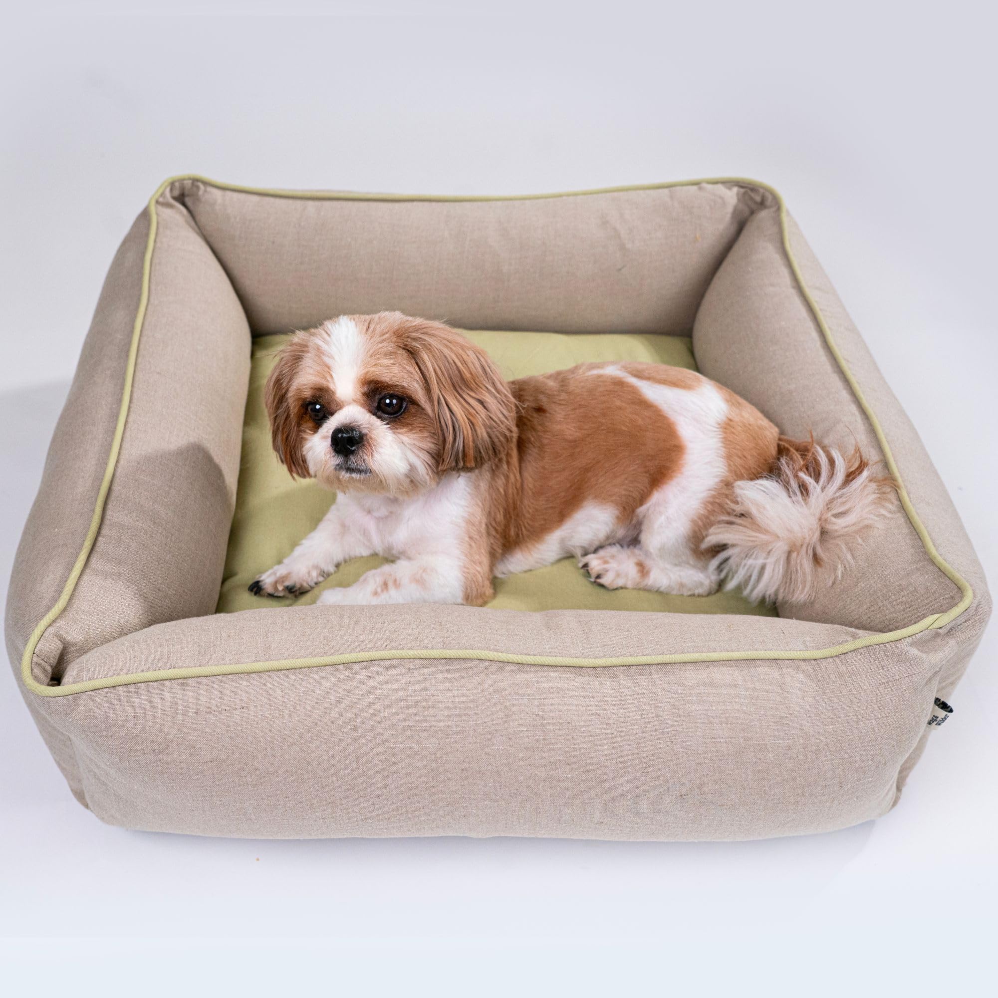 Wag & Wilder Blue LinenCotton Orthopedic Dog Bed  Beige & Olive  Washable Cover & Bolstered Sides  Comfort for Small Breeds 
